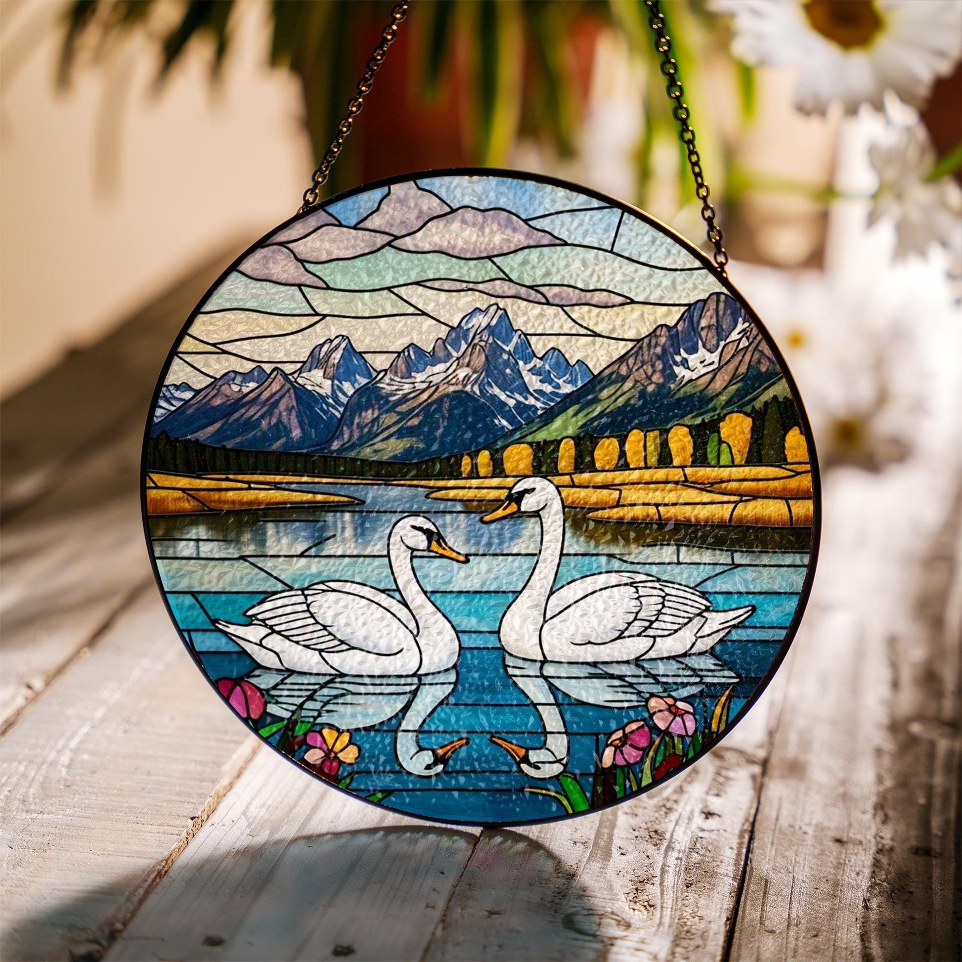 Swans Couple Lake Mountain Glass Suncatcher Window Hanging, Nature Lover Bird Art Decor, Unique Gift Idea, Couple Gift