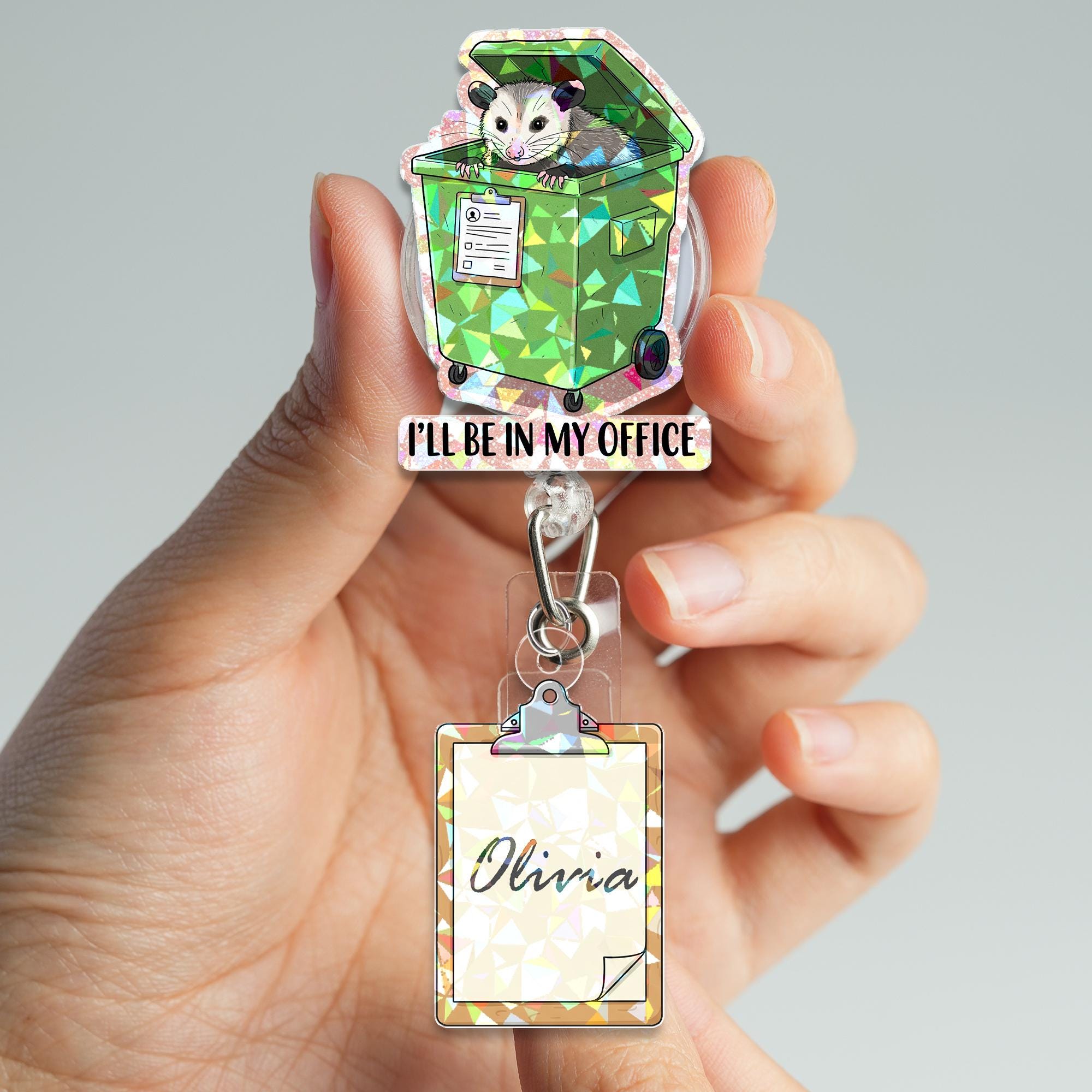 Personalized Opossum Badge Reel – Holographic Funny ID Holder for Nurses, Dumpster Office Name Tag Gift, Possum Meme Badge Holder