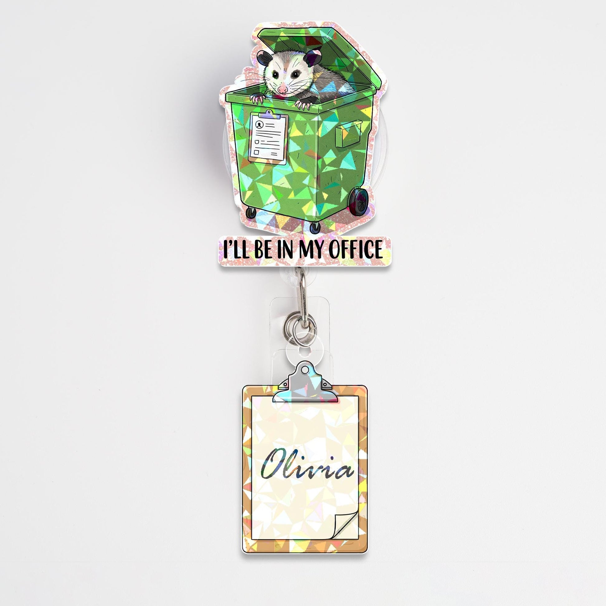 Personalized Opossum Badge Reel – Holographic Funny ID Holder for Nurses, Dumpster Office Name Tag Gift, Possum Meme Badge Holder