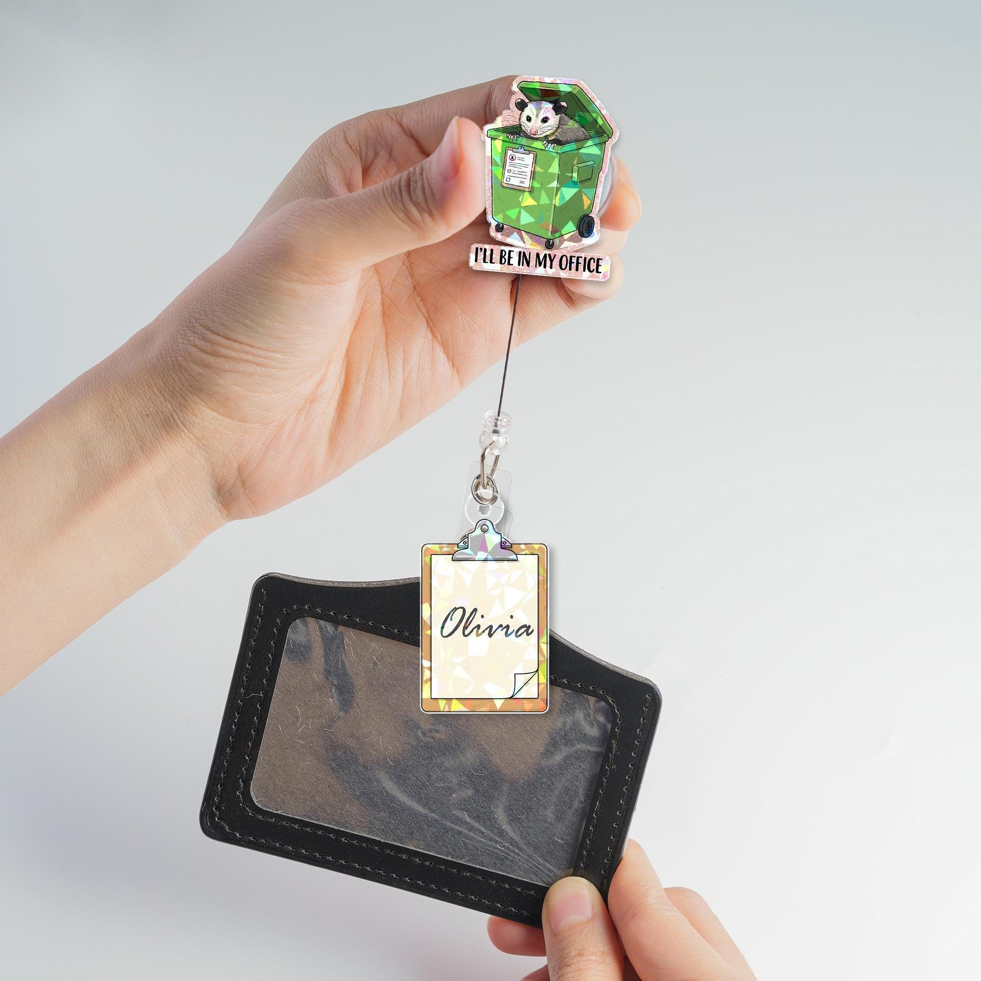 Personalized Opossum Badge Reel – Holographic Funny ID Holder for Nurses, Dumpster Office Name Tag Gift, Possum Meme Badge Holder