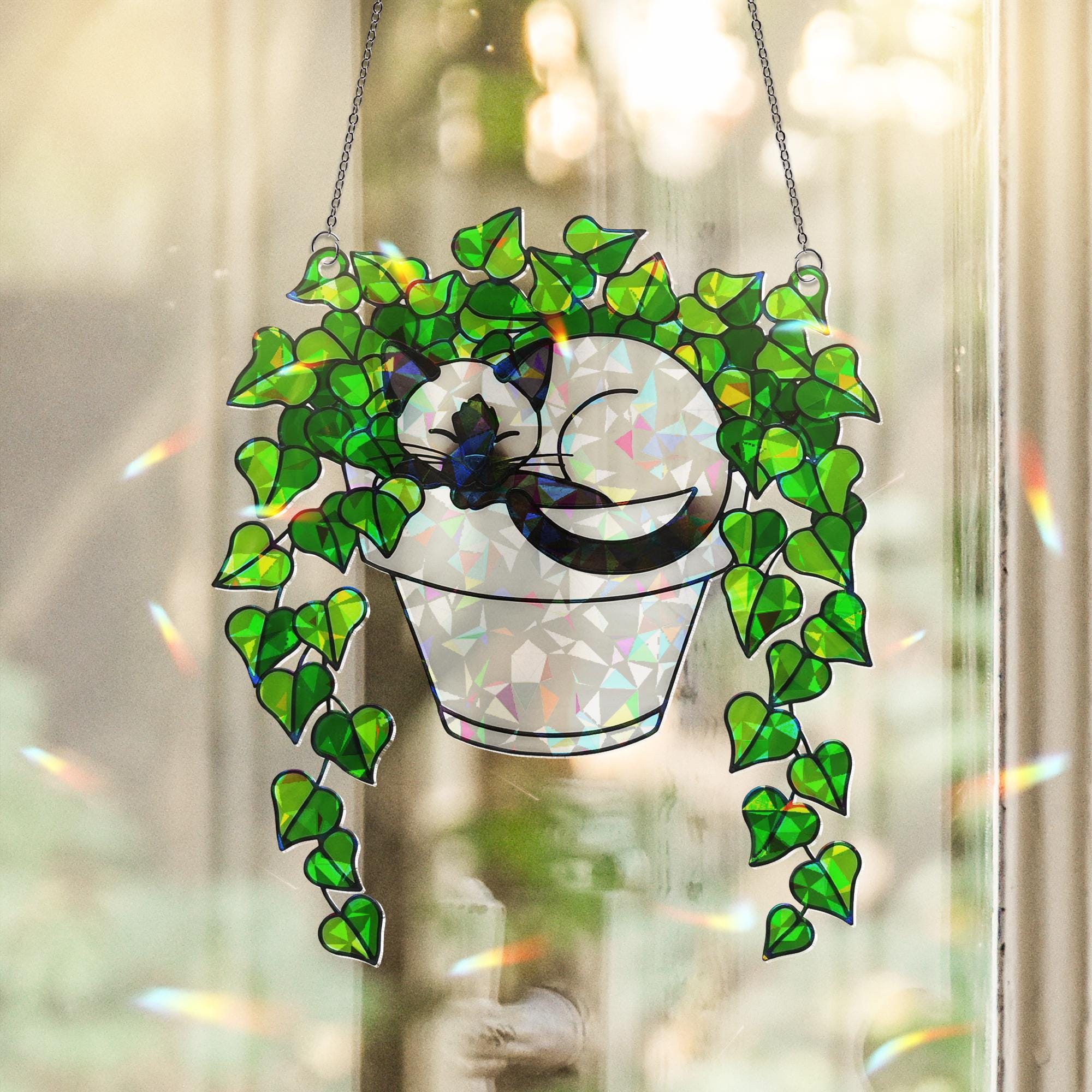 Holographic Siamese Cat in Ivy Plant Suncatcher, Acrylic Window Hanging, Cat Lover Gift, Mother's Day Home Decor, Siamese Lovers Spring Gift