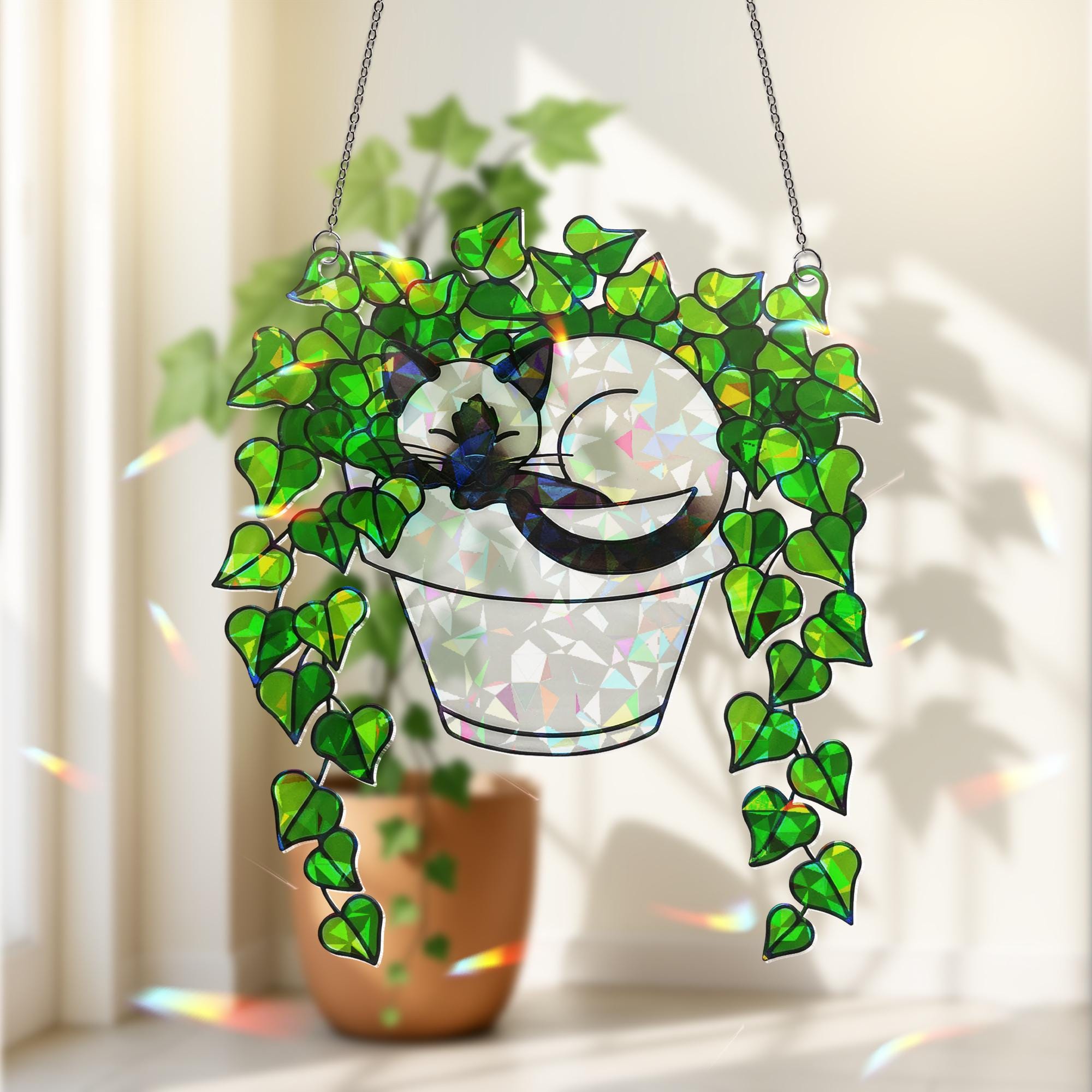 Holographic Siamese Cat in Ivy Plant Suncatcher, Acrylic Window Hanging, Cat Lover Gift, Mother's Day Home Decor, Siamese Lovers Spring Gift