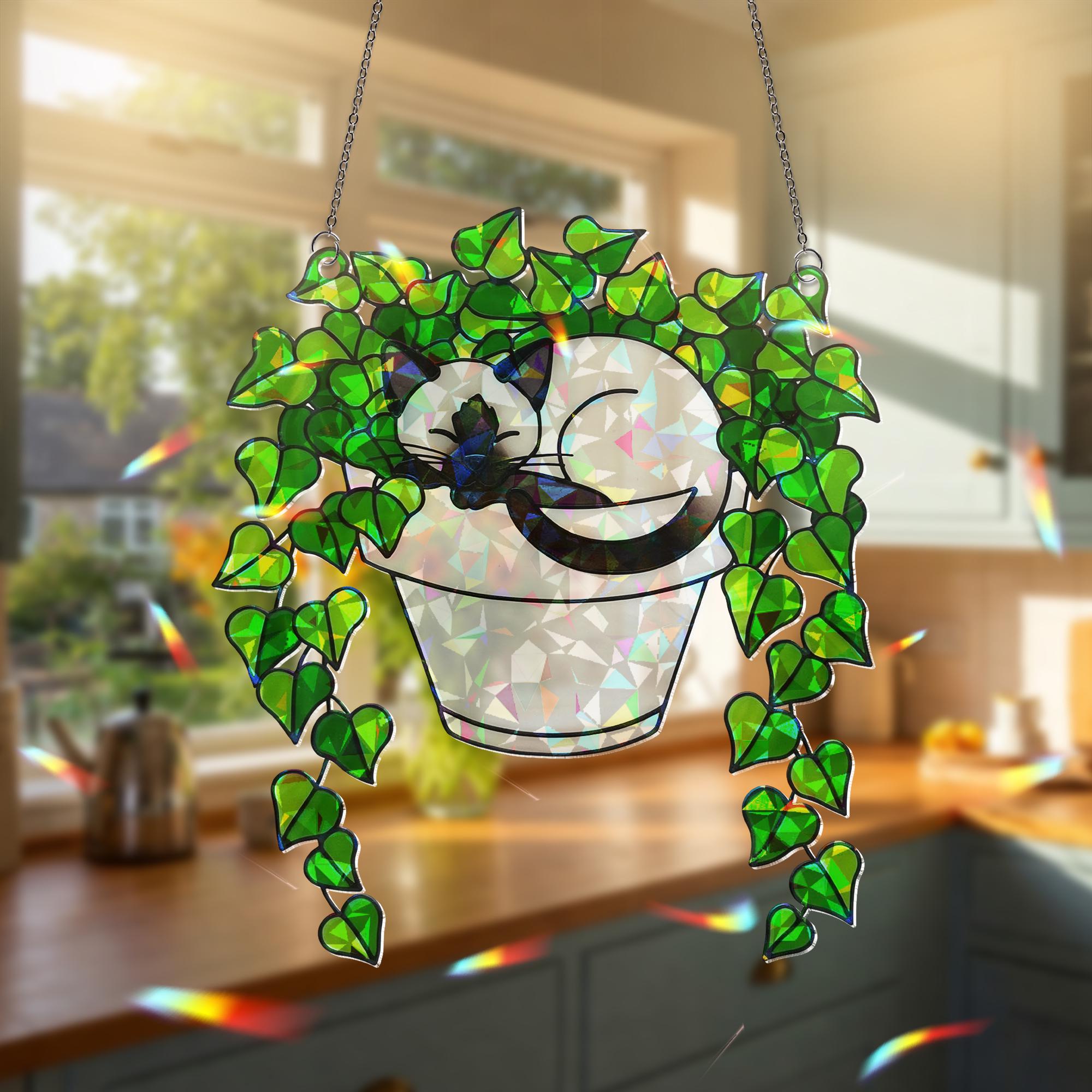 Holographic Siamese Cat in Ivy Plant Suncatcher, Acrylic Window Hanging, Cat Lover Gift, Mother's Day Home Decor, Siamese Lovers Spring Gift