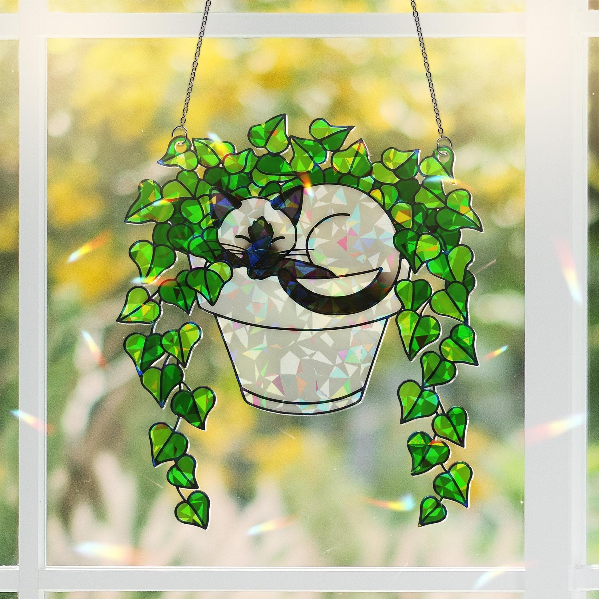 Holographic Siamese Cat in Ivy Plant Suncatcher, Acrylic Window Hanging, Cat Lover Gift, Mother's Day Home Decor, Siamese Lovers Spring Gift