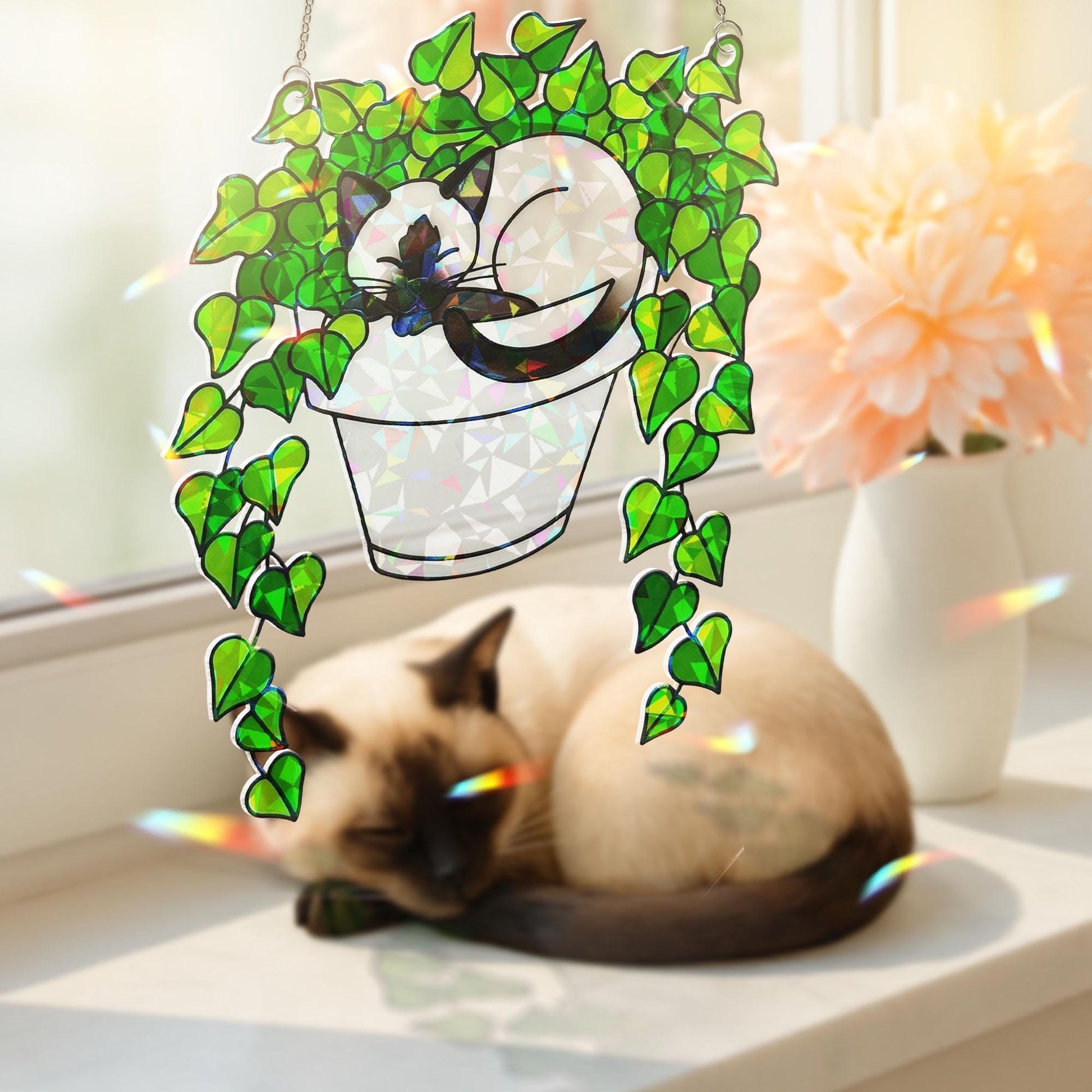 Holographic Siamese Cat in Ivy Plant Suncatcher, Acrylic Window Hanging, Cat Lover Gift, Mother's Day Home Decor, Siamese Lovers Spring Gift