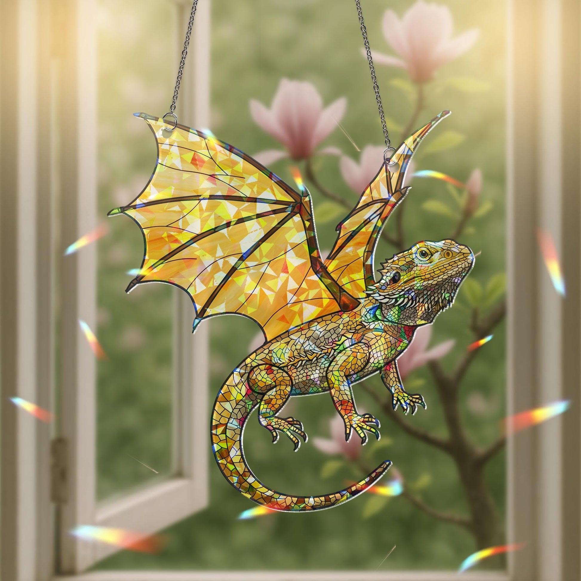 Bearded Dragon with Wings Window Hanging, Holographic Acrylic Suncatcher, Fantasy Lizard Decor, Dragon Reptile Gift, Bearded Dragon Lover