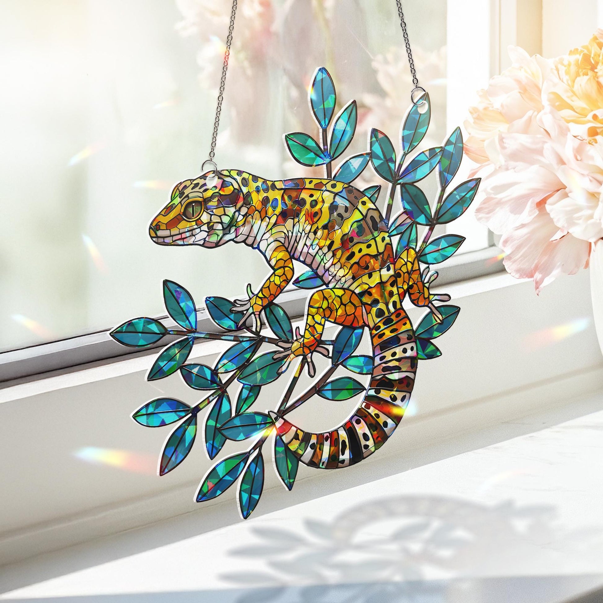 Leopard Gecko Window Hanging, Holographic Acrylic Suncatcher, Reptile Lover Gift, Lizard Wall Art, Colorful Gecko Decor, Reptile Mom Gift