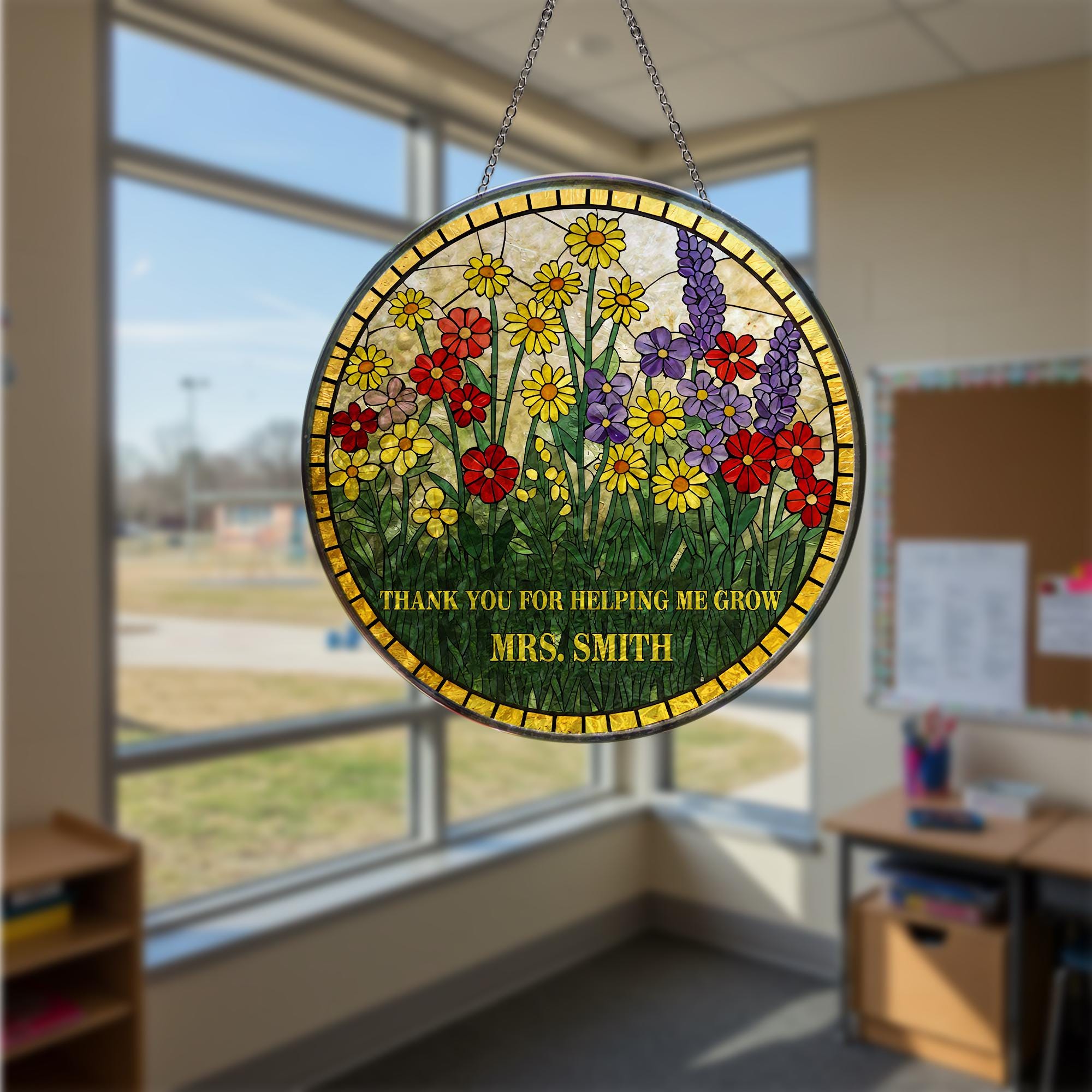 Teacher Appreciation Suncatcher, Thank You Gift for Teacher, Floral Glass Window Hanging, End of Year Gift, Custom Teacher Name