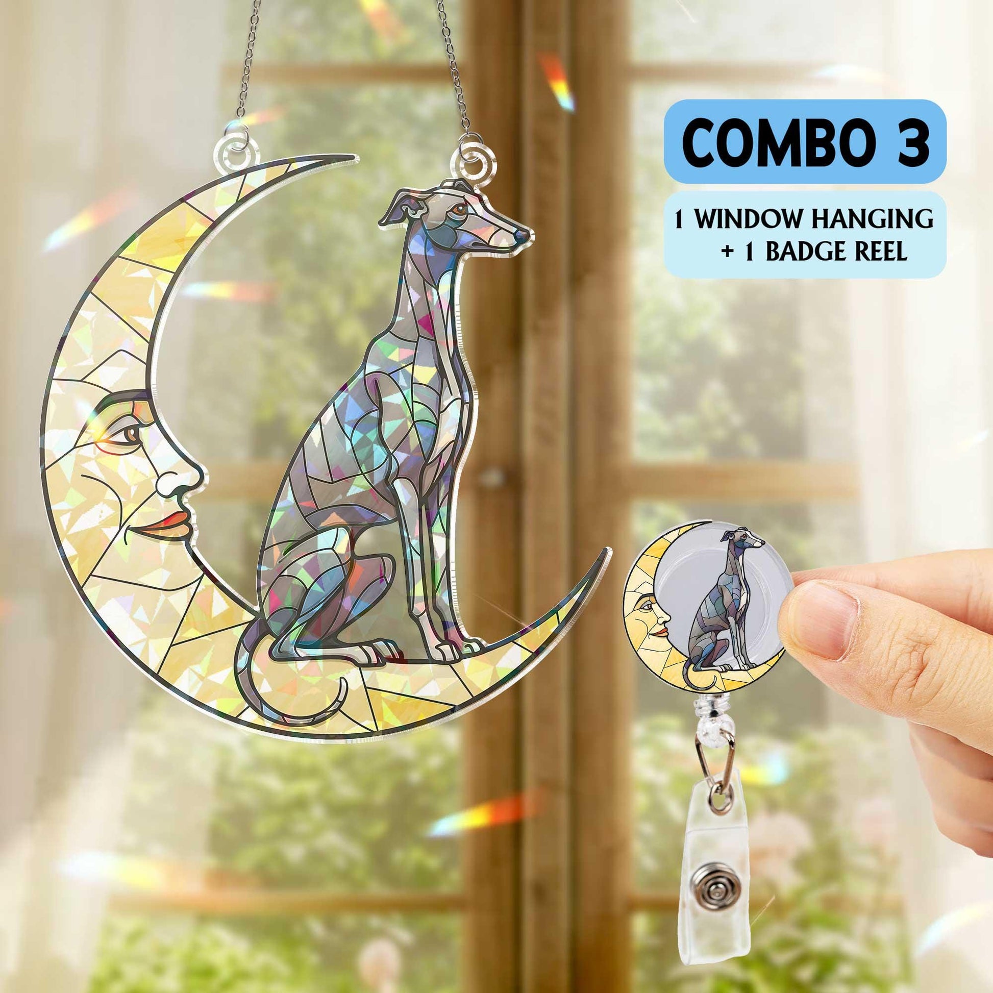 Greyhound on crescent moon Hologram Acrylic Window hanging, Handcrafted greyhound Decor,  , suncatcher ornament