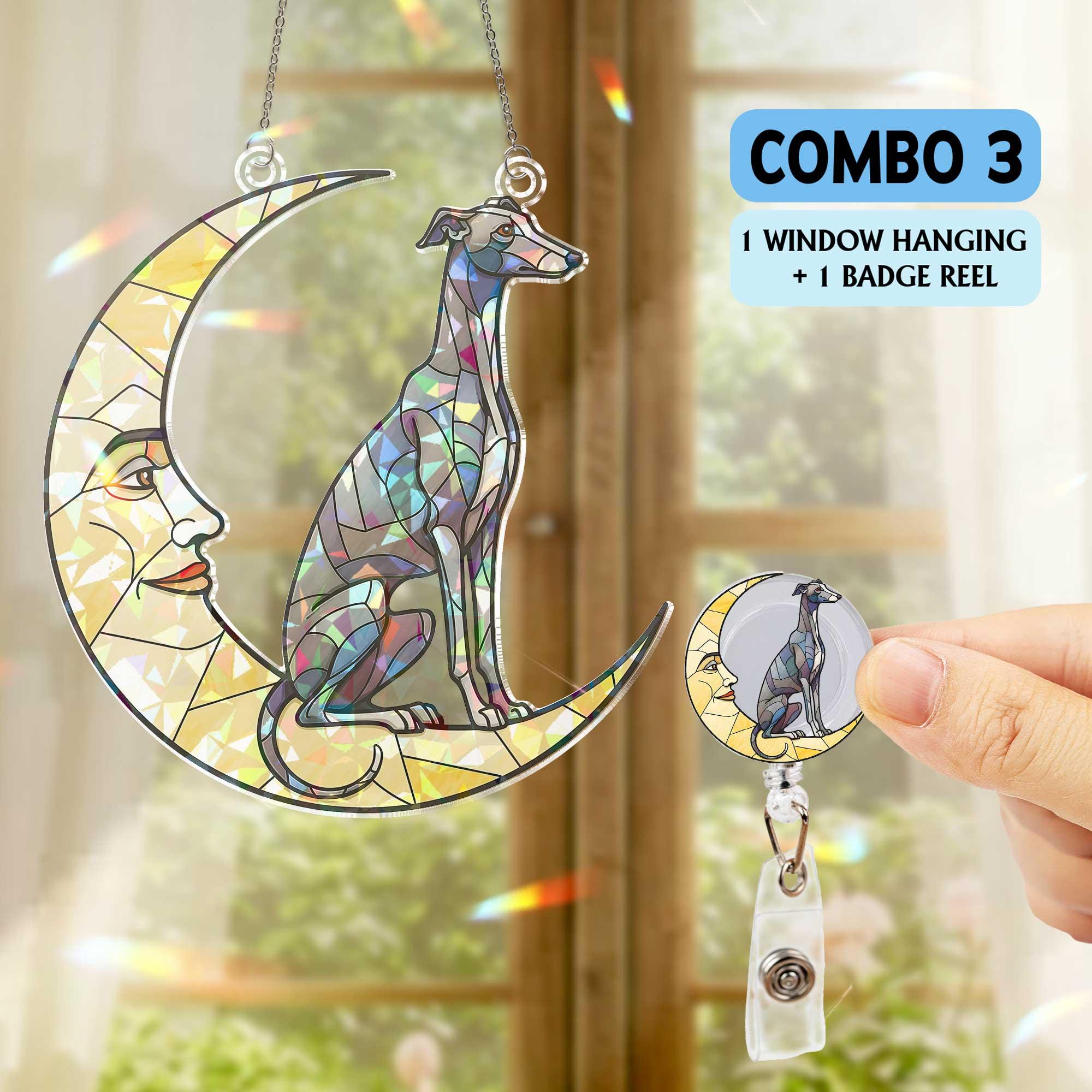 Greyhound on crescent moon Hologram Acrylic Window hanging, Handcrafted greyhound Decor,  , suncatcher ornament