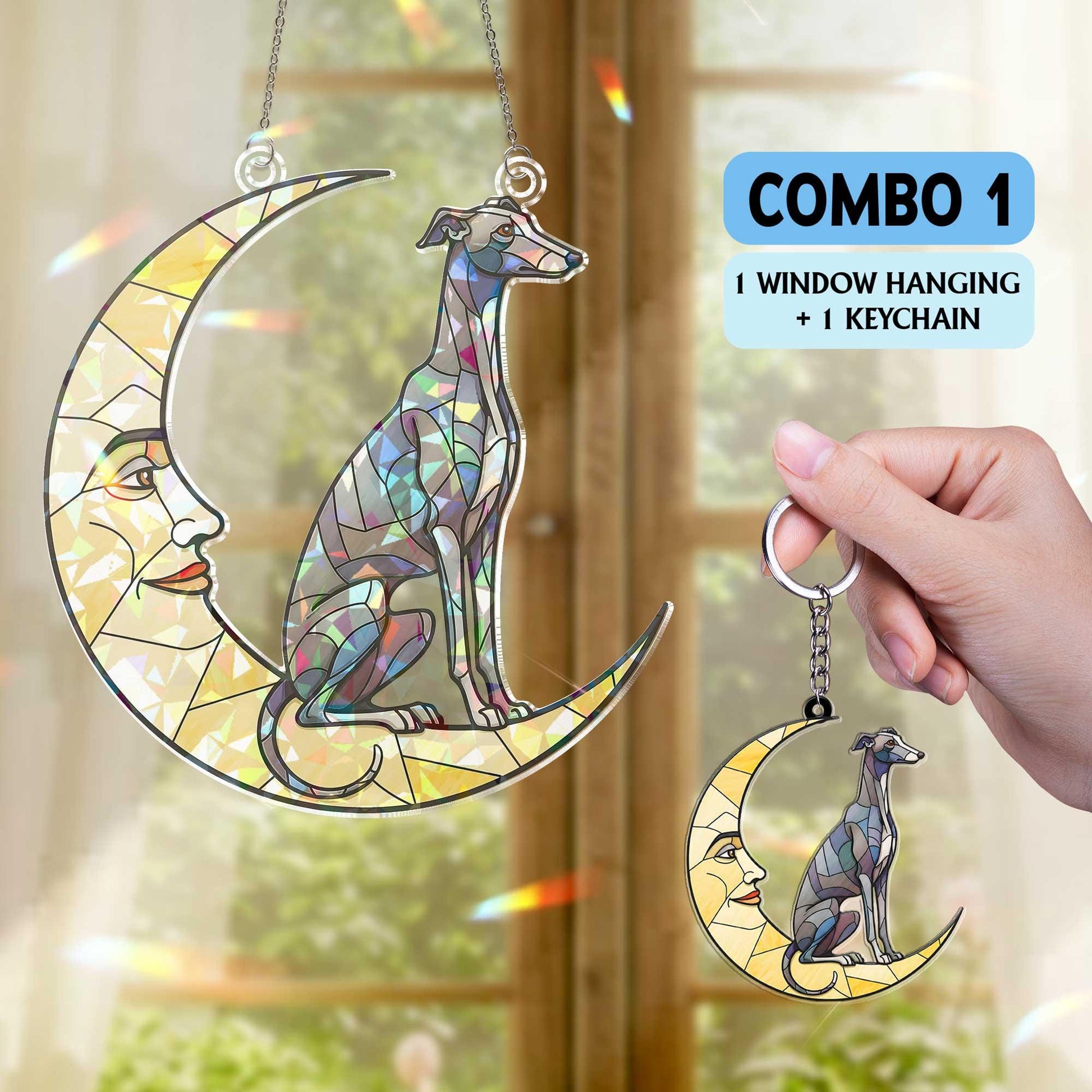 Greyhound on crescent moon Hologram Acrylic Window hanging, Handcrafted greyhound Decor,  , suncatcher ornament