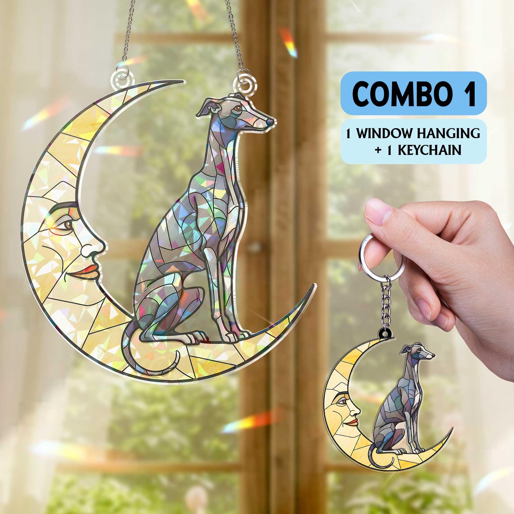 Greyhound on crescent moon Hologram Acrylic Window hanging, Handcrafted greyhound Decor,  , suncatcher ornament
