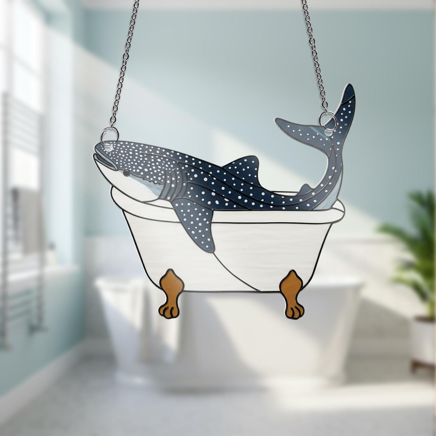 Whale Shark in Bathtub Acrylic Window Hanging, Funny Sea Decor, Ocean Animal Suncatcher, Quirky Bathroom Gift, Marine Art, Bathroom Decor