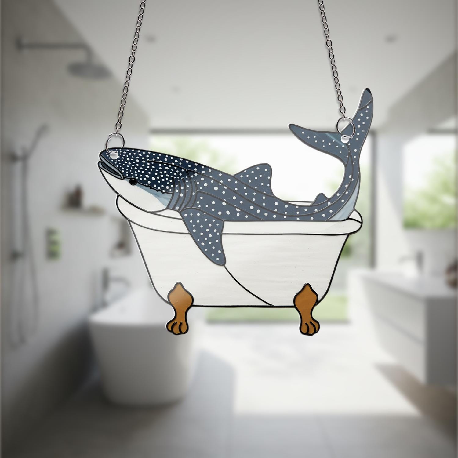 Whale Shark in Bathtub Acrylic Window Hanging, Funny Sea Decor, Ocean Animal Suncatcher, Quirky Bathroom Gift, Marine Art, Bathroom Decor