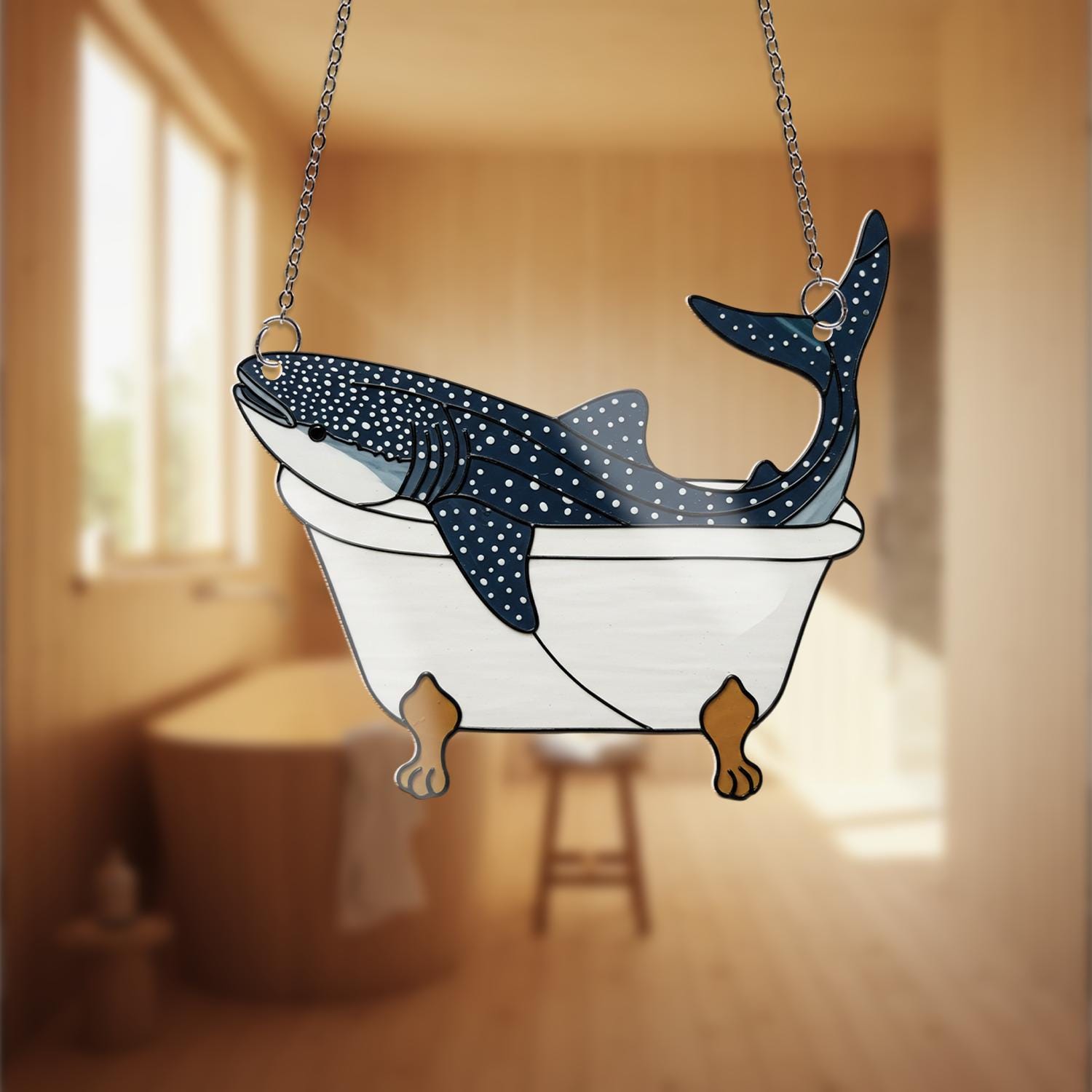 Whale Shark in Bathtub Acrylic Window Hanging, Funny Sea Decor, Ocean Animal Suncatcher, Quirky Bathroom Gift, Marine Art, Bathroom Decor