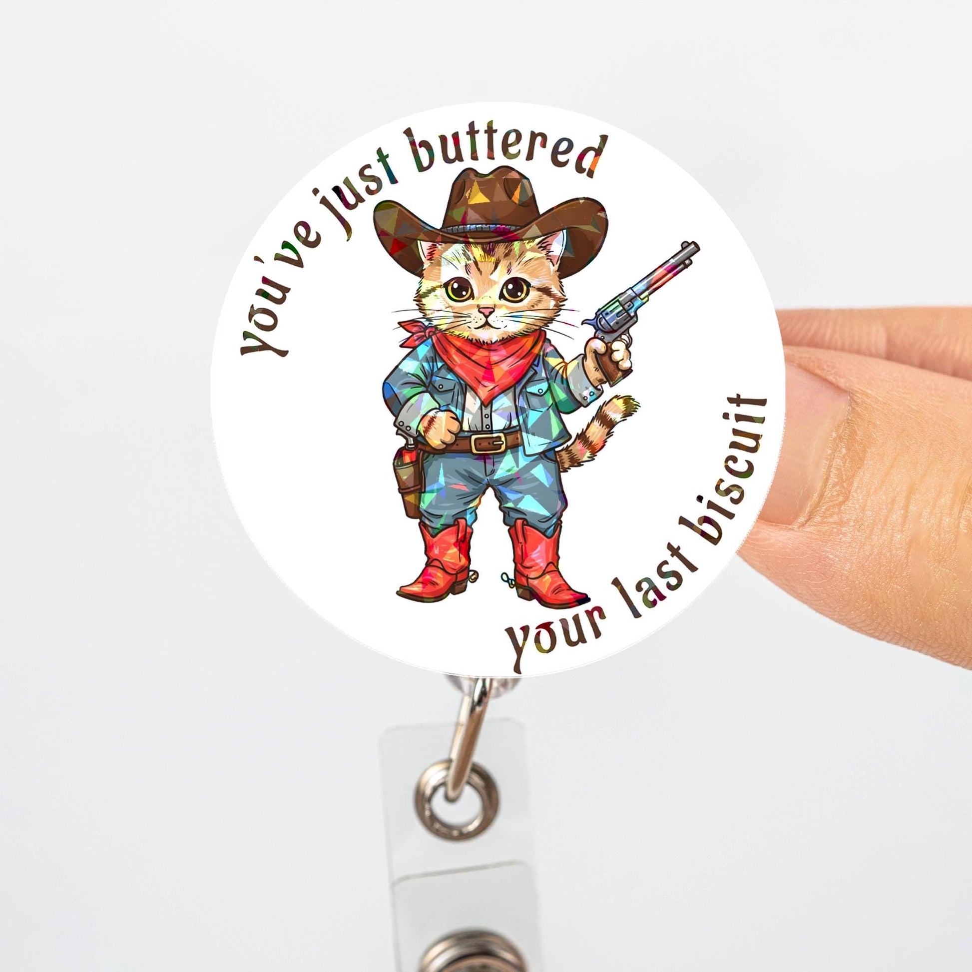 Holographic Cowboy Cat Badge Reel, Funny Buttered Biscuit Quote Retractable ID Holder, Gift for Nurse Teacher Office Pet Lover Cute Kitty