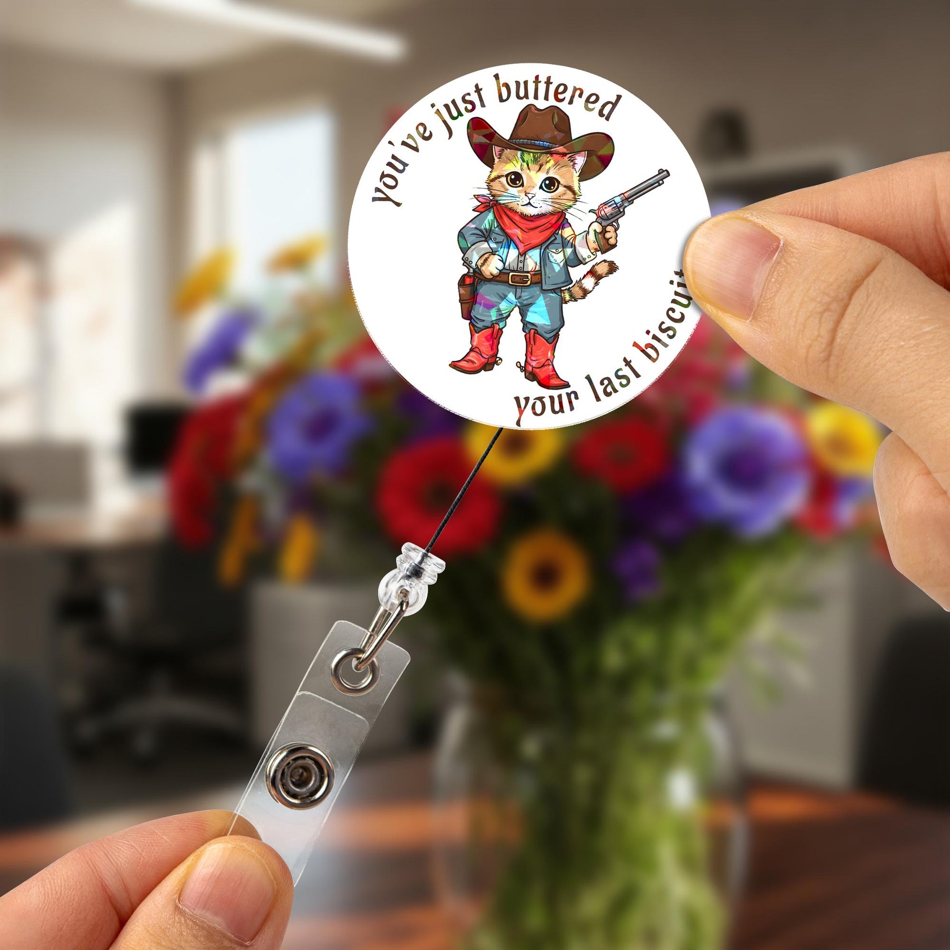Holographic Cowboy Cat Badge Reel, Funny Buttered Biscuit Quote Retractable ID Holder, Gift for Nurse Teacher Office Pet Lover Cute Kitty