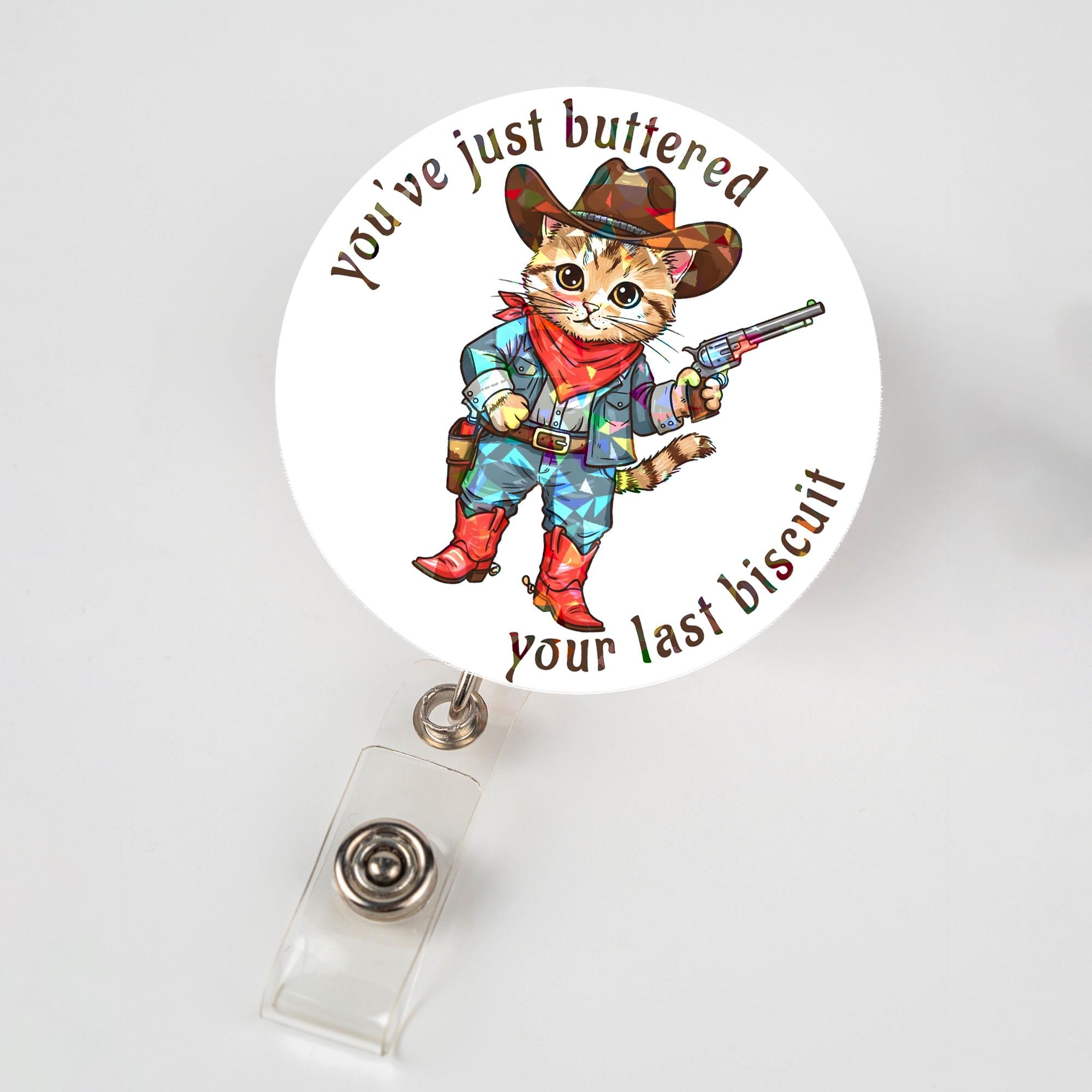 Holographic Cowboy Cat Badge Reel, Funny Buttered Biscuit Quote Retractable ID Holder, Gift for Nurse Teacher Office Pet Lover Cute Kitty