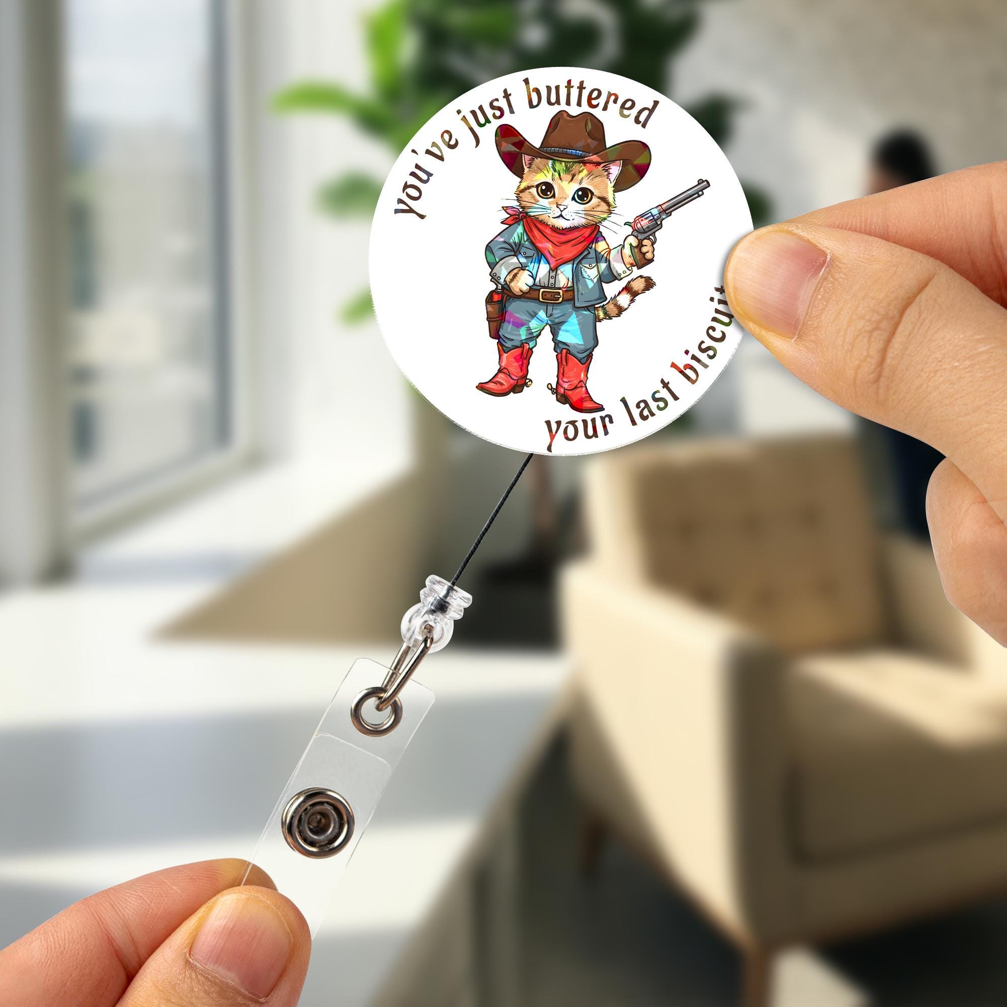 Holographic Cowboy Cat Badge Reel, Funny Buttered Biscuit Quote Retractable ID Holder, Gift for Nurse Teacher Office Pet Lover Cute Kitty