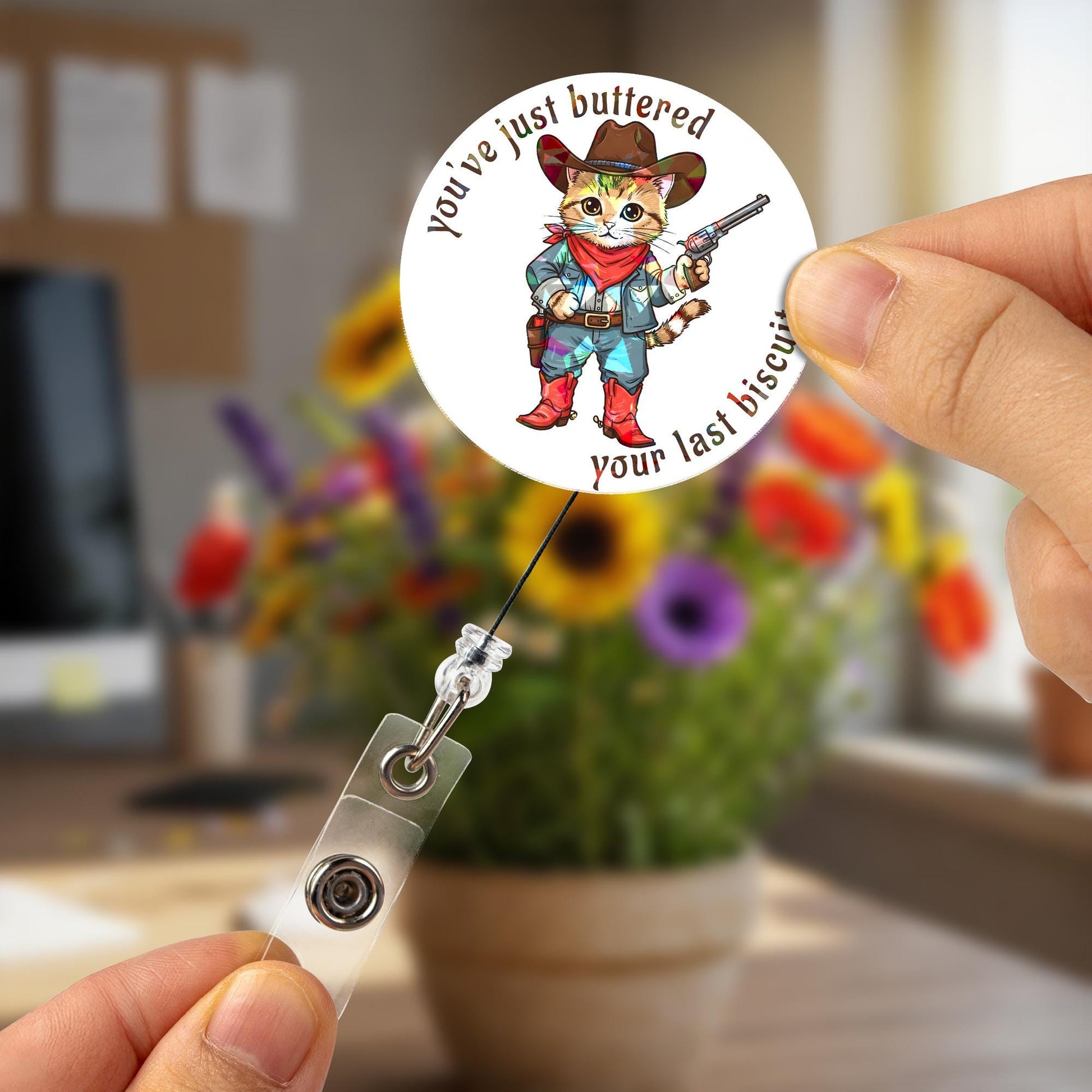 Holographic Cowboy Cat Badge Reel, Funny Buttered Biscuit Quote Retractable ID Holder, Gift for Nurse Teacher Office Pet Lover Cute Kitty