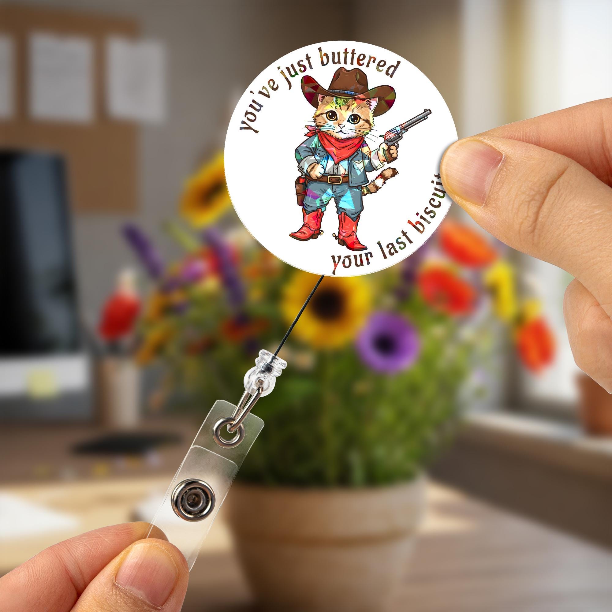 Holographic Cowboy Cat Badge Reel, Funny Buttered Biscuit Quote Retractable ID Holder, Gift for Nurse Teacher Office Pet Lover Cute Kitty