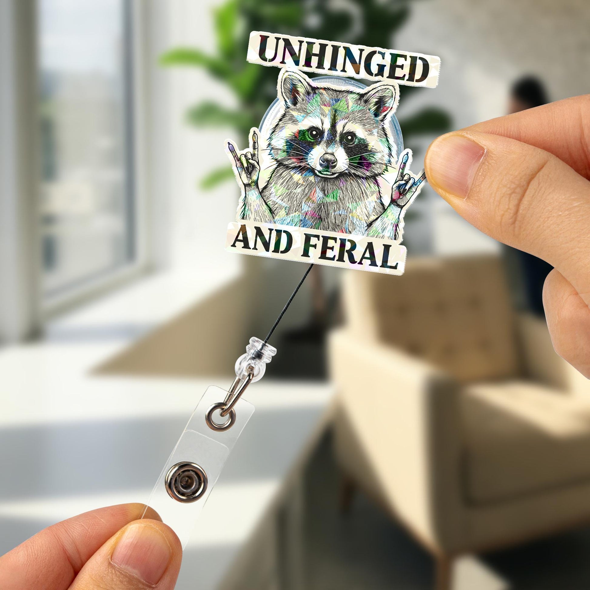 Unhinged and Feral Raccoon Badge Reel, Funny Sarcastic Retractable ID Holder for Nurse, Teacher, Office Gift, Cute Trash Panda Badge Clip