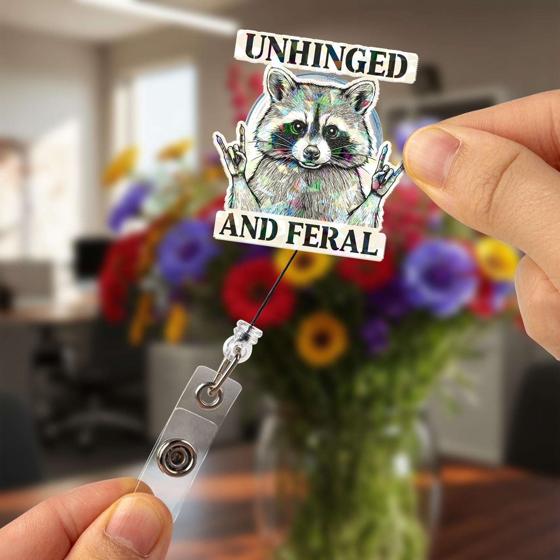 Unhinged and Feral Raccoon Badge Reel, Funny Sarcastic Retractable ID Holder for Nurse, Teacher, Office Gift, Cute Trash Panda Badge Clip
