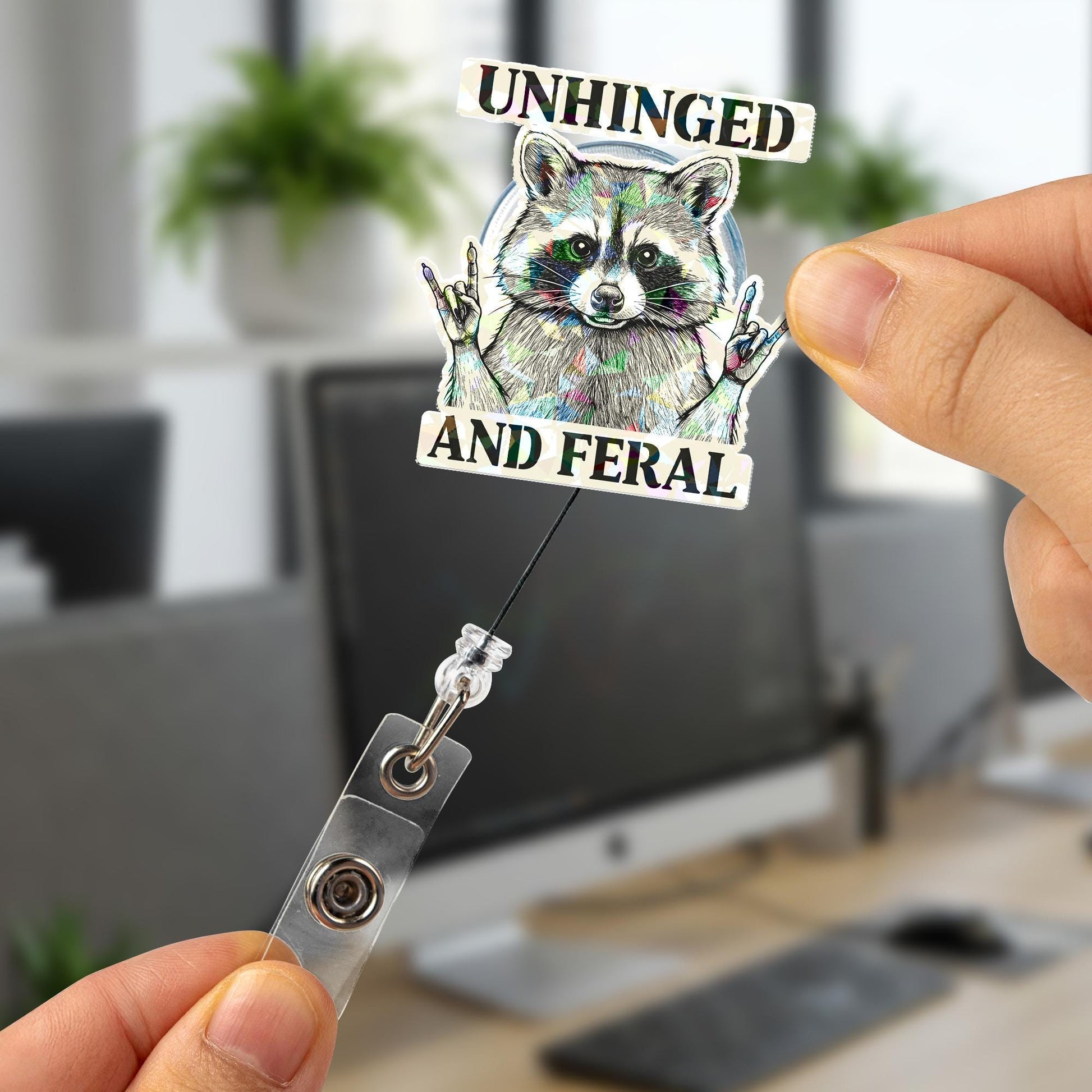 Unhinged and Feral Raccoon Badge Reel, Funny Sarcastic Retractable ID Holder for Nurse, Teacher, Office Gift, Cute Trash Panda Badge Clip
