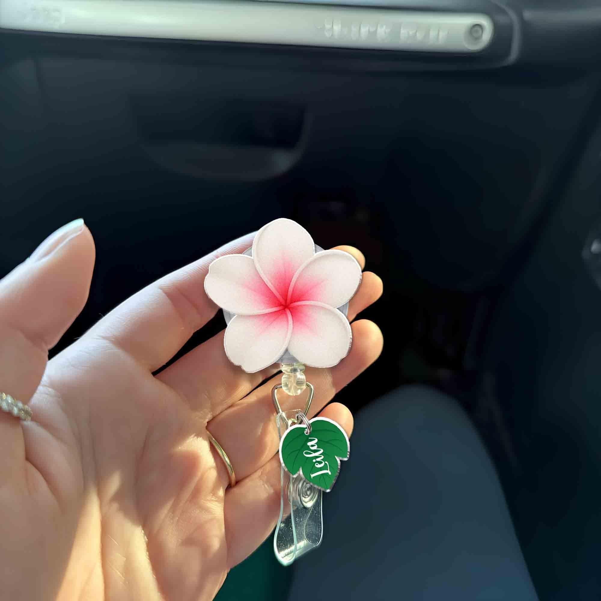 Custom Plumeria Flower ID Badge Reel – Personalized Name Tag Holder for Nurses, Teachers, Office Staff, Plumeria Badge Reel