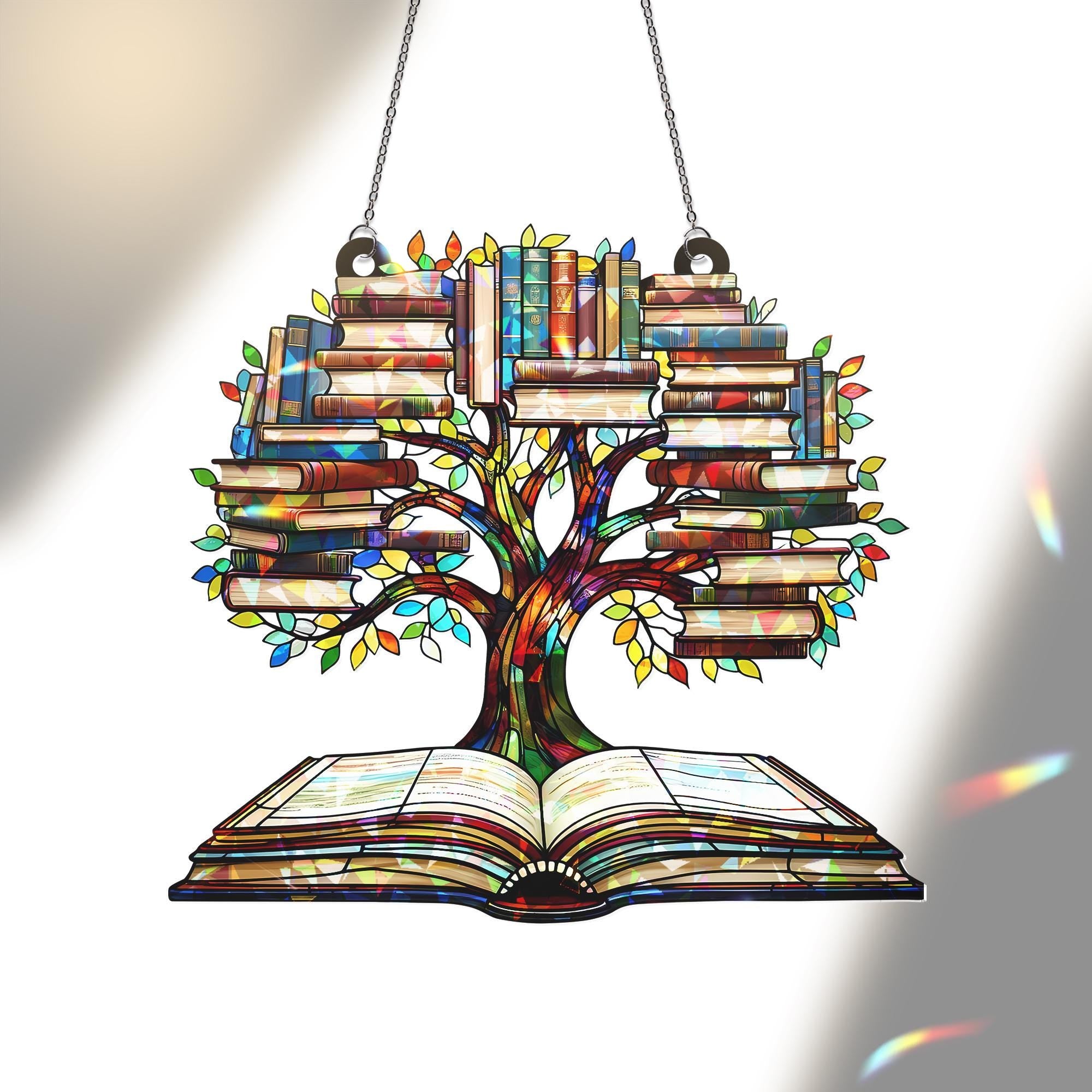 Tree of Knowledge Book Suncatcher | Holographic Acrylic Window Hanging | Book Lover Gift | Rainbow Prism Decor | Library Art Ornament