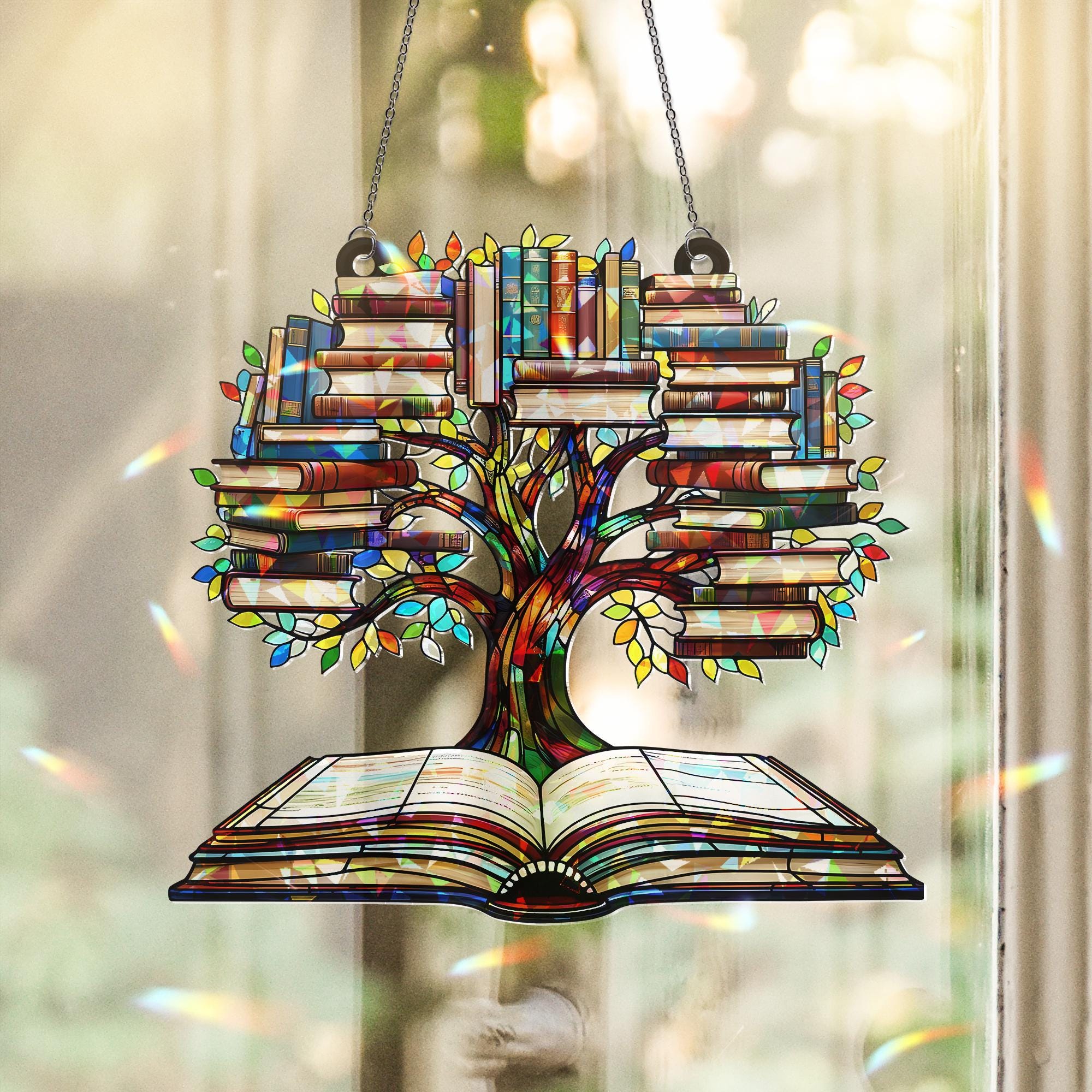 Tree of Knowledge Book Suncatcher | Holographic Acrylic Window Hanging | Book Lover Gift | Rainbow Prism Decor | Library Art Ornament