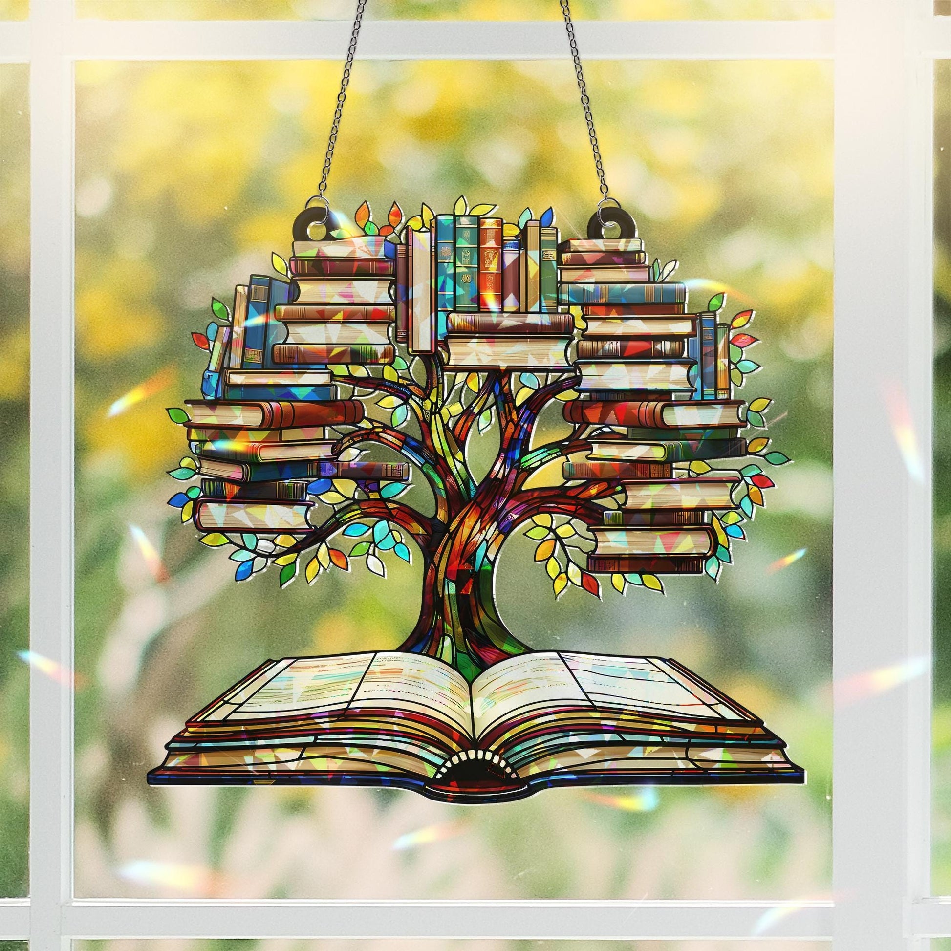Tree of Knowledge Book Suncatcher | Holographic Acrylic Window Hanging | Book Lover Gift | Rainbow Prism Decor | Library Art Ornament
