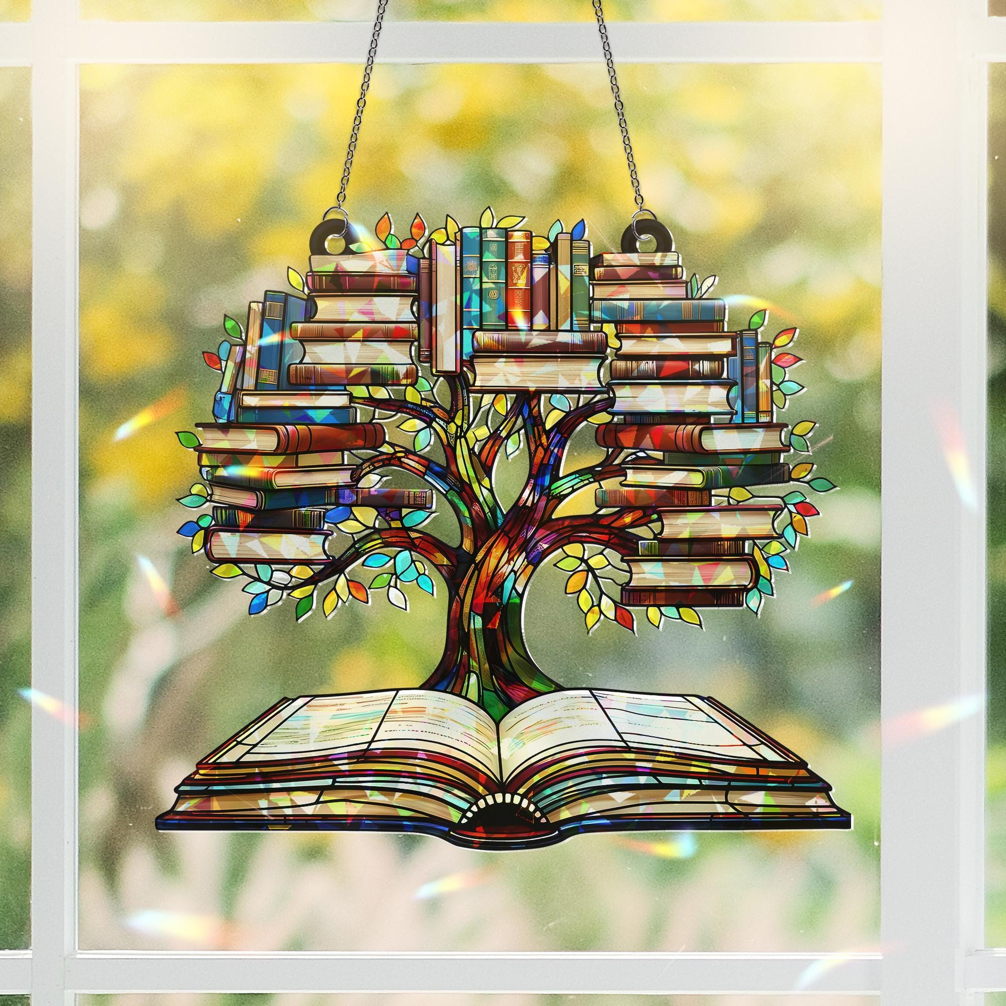 Tree of Knowledge Book Suncatcher | Holographic Acrylic Window Hanging | Book Lover Gift | Rainbow Prism Decor | Library Art Ornament