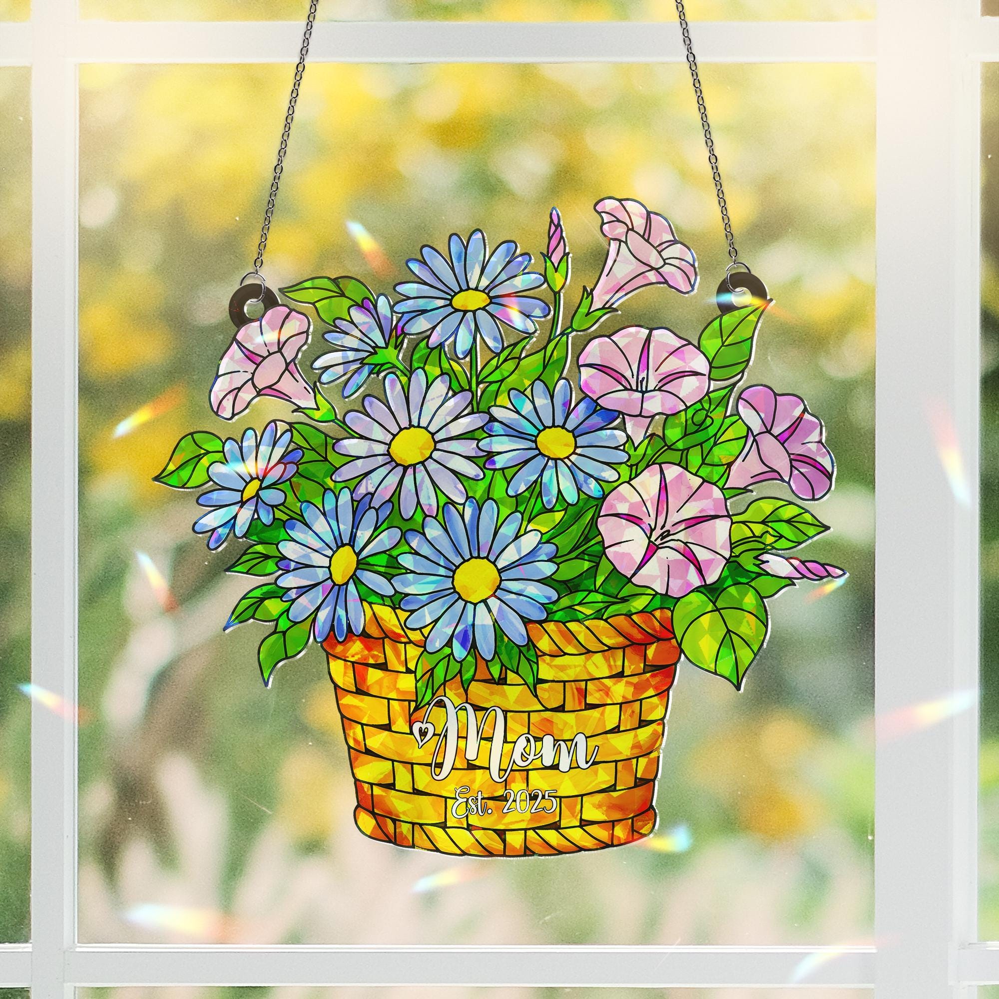 Personalized Mom Gift, September Birth Flower Hologram  Acrylic Window Hanging Ornament, Aster Morning Glory Floral, Custom Gift For Mom,Her