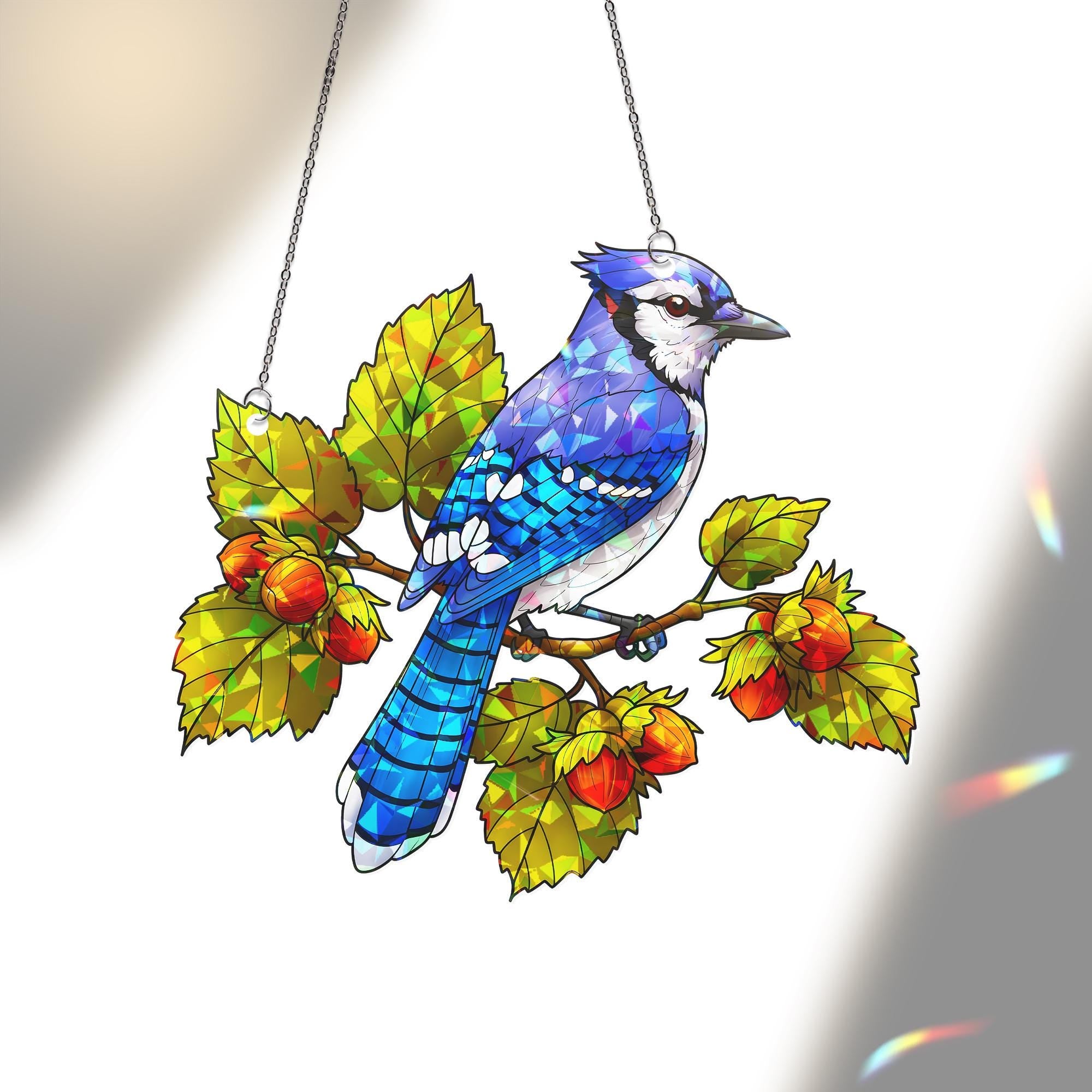 Blue Jay Bird Acrylic Window Hanging Ornament, Hazelnut Branch Decor, Nature Lover Bird Watcher Gift, Bird Lover, Wildlife Decor