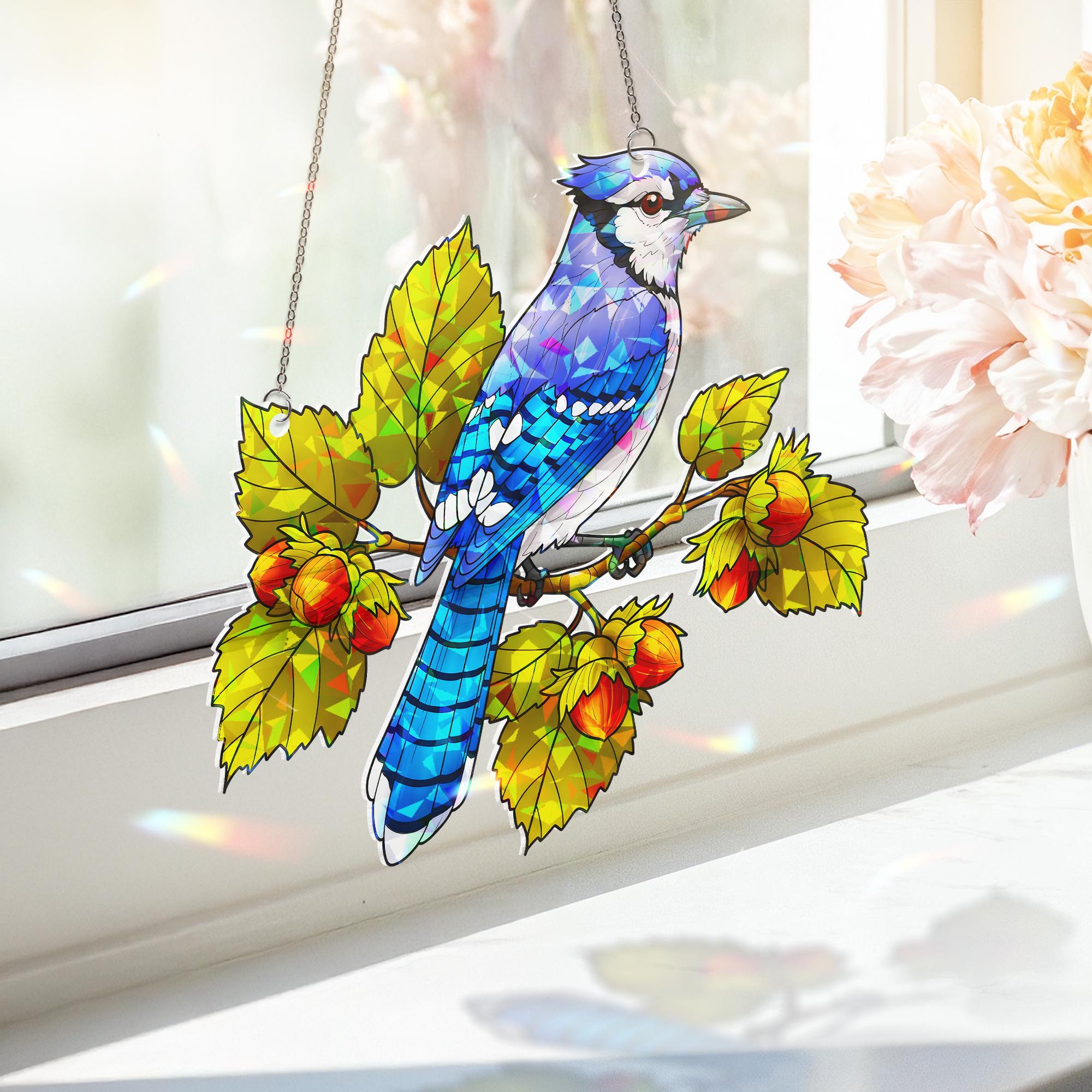 Blue Jay Bird Acrylic Window Hanging Ornament, Hazelnut Branch Decor, Nature Lover Bird Watcher Gift, Bird Lover, Wildlife Decor