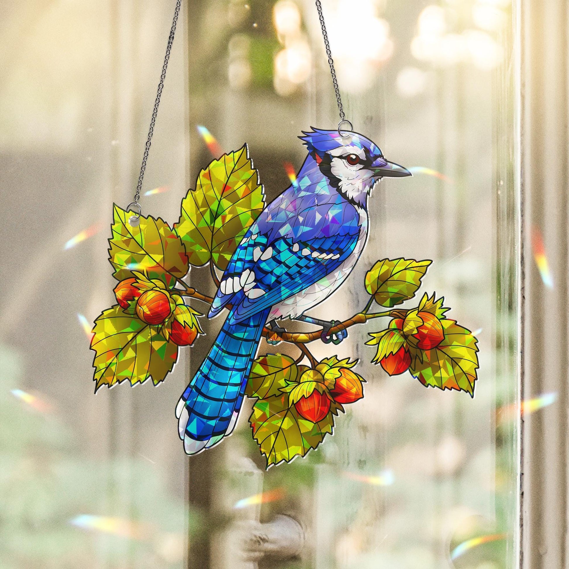 Blue Jay Bird Acrylic Window Hanging Ornament, Hazelnut Branch Decor, Nature Lover Bird Watcher Gift, Bird Lover, Wildlife Decor