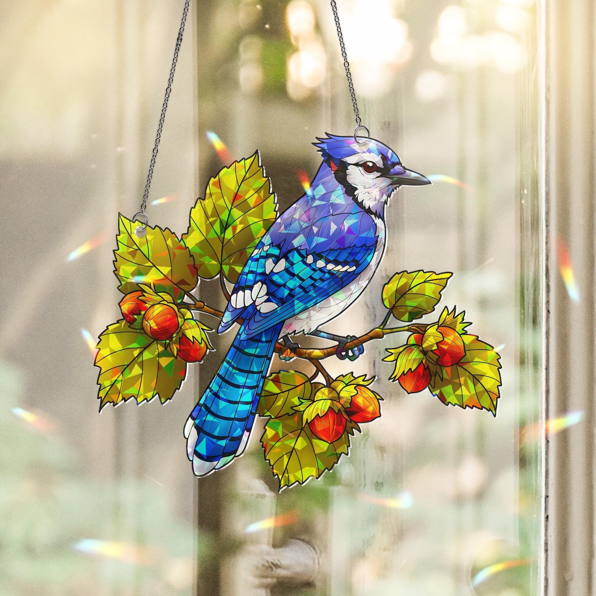 Blue Jay Bird Acrylic Window Hanging Ornament, Hazelnut Branch Decor, Nature Lover Bird Watcher Gift, Bird Lover, Wildlife Decor