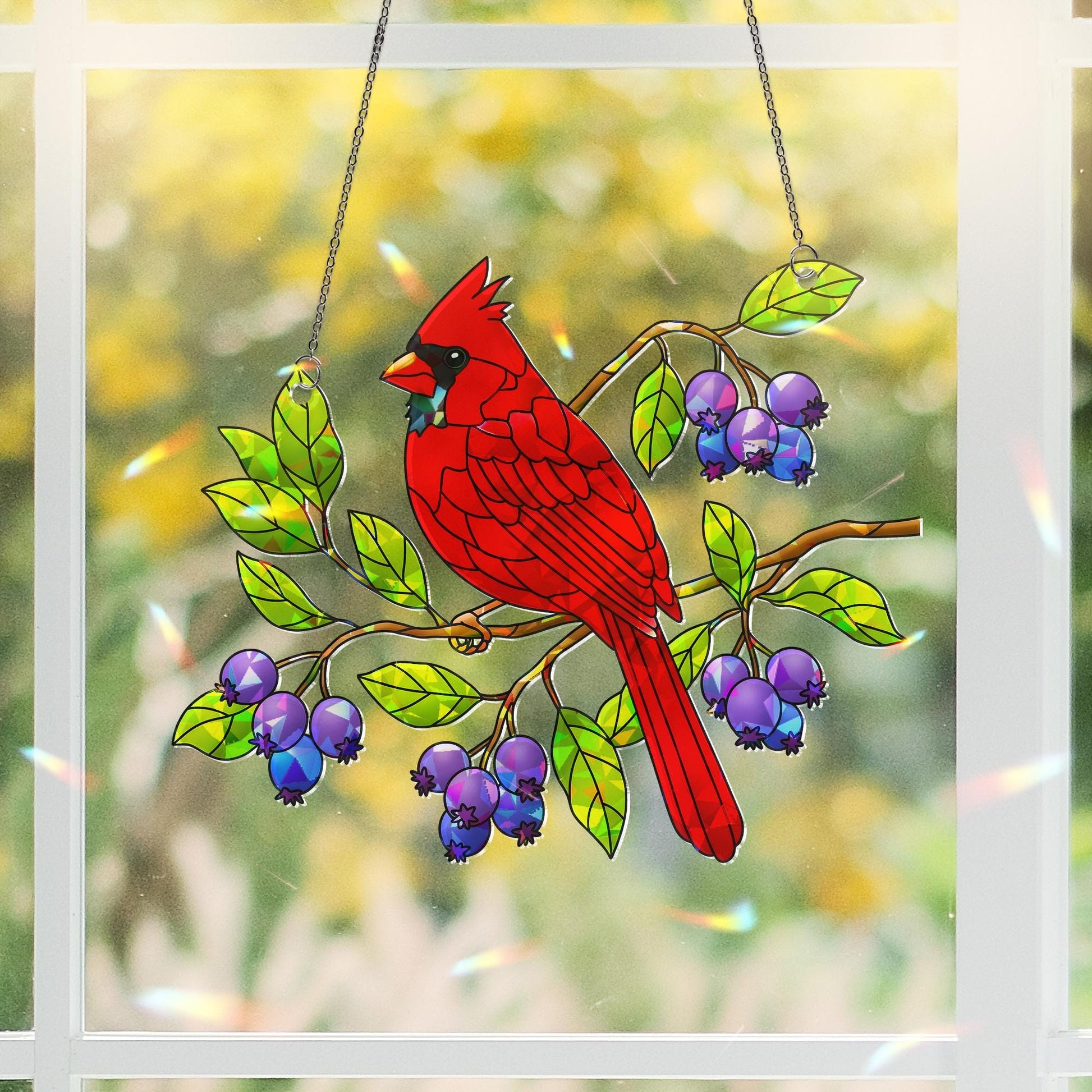 Cardinal Bird Serviceberry Hologram Acrylic Window Hanging Ornament, Nature Inspired Home Decor, Bird Lover Gift, Beautiful Avian Home Decor