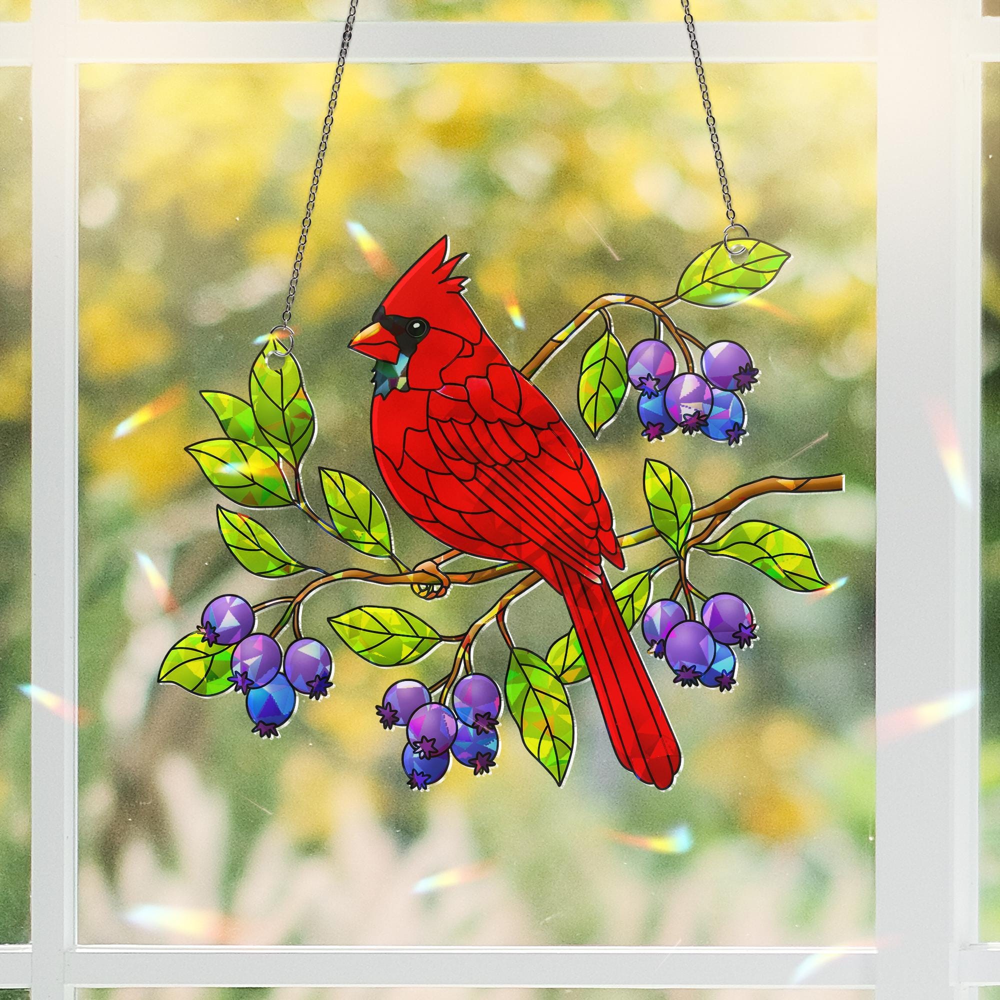Cardinal Bird Serviceberry Hologram Acrylic Window Hanging Ornament, Nature Inspired Home Decor, Bird Lover Gift, Beautiful Avian Home Decor