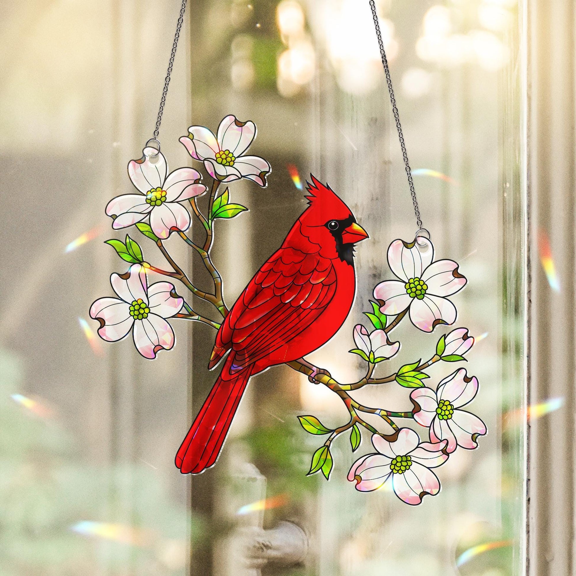 Cardinal Dogwood Hologram Acrylic Window Hanging Ornament, Bird Lover Gift, Nature Inspired Home Decor, Spring Art, Home Decor Gift