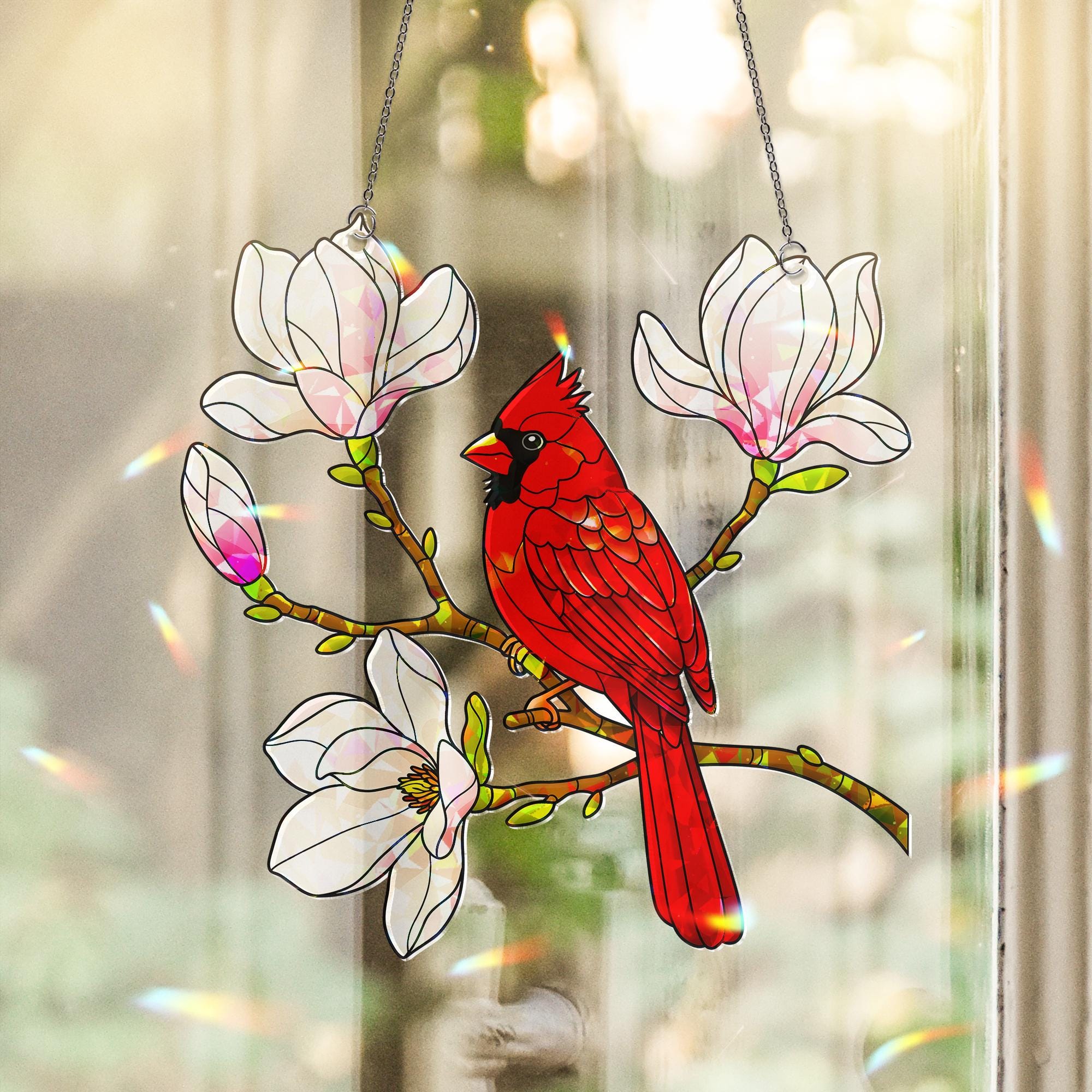 Cardinal and Magnolia Flower Hologram Acrylic Window Hanging with Flowers, Bird Lover Gift, Nature Inspired Home Decor Art, Wildlife Decor