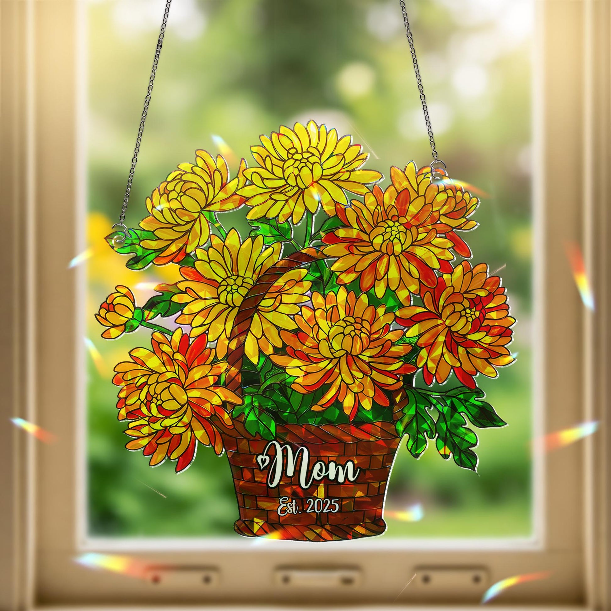 Personalized Chrysanthemum Mom Gift, November Birth Flower Acrylic Window Hanging Ornament for Mom Est 2025, Custom Name Gift