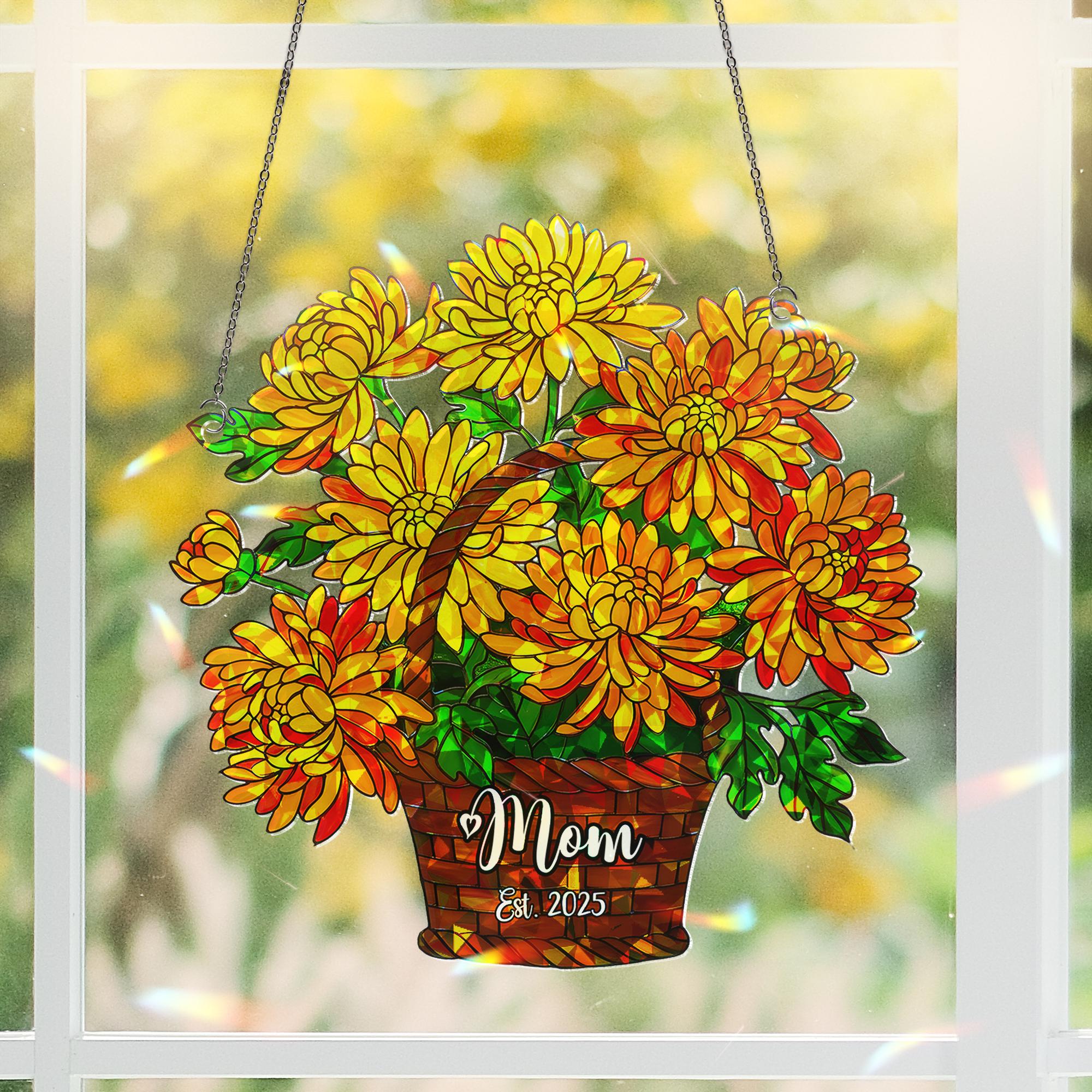 Personalized Chrysanthemum Mom Gift, November Birth Flower Acrylic Window Hanging Ornament for Mom Est 2025, Custom Name Gift