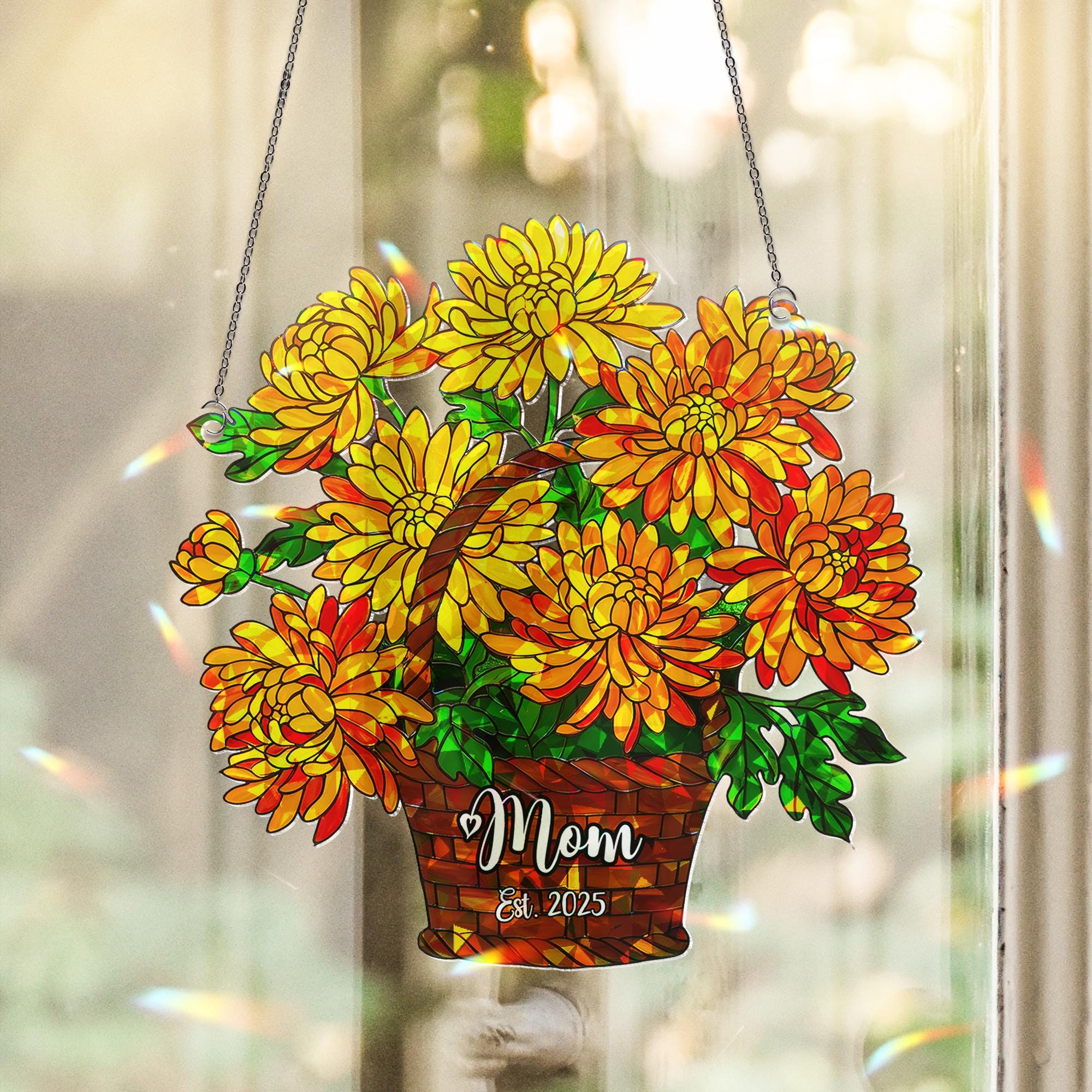 Personalized Chrysanthemum Mom Gift, November Birth Flower Acrylic Window Hanging Ornament for Mom Est 2025, Custom Name Gift