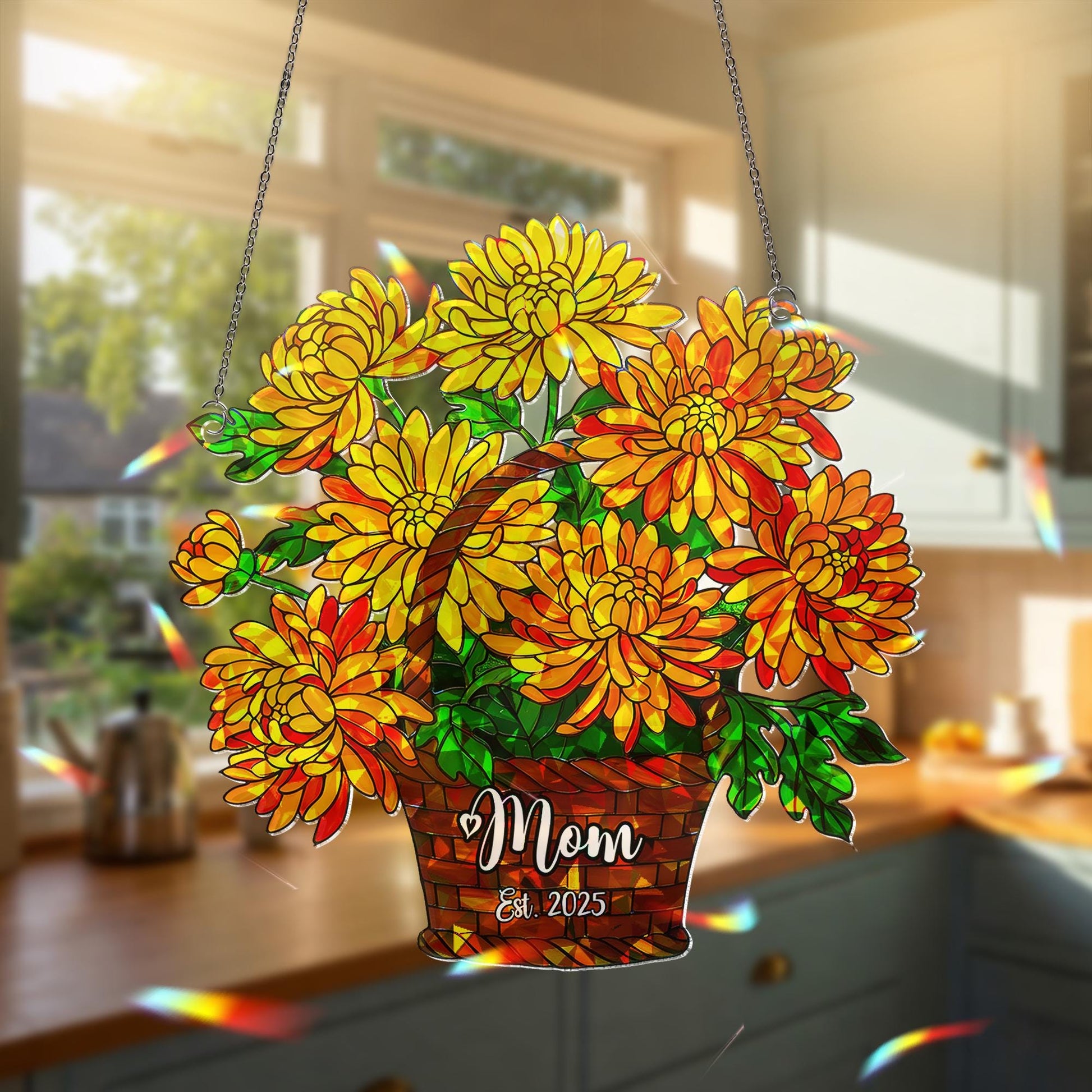 Personalized Chrysanthemum Mom Gift, November Birth Flower Acrylic Window Hanging Ornament for Mom Est 2025, Custom Name Gift