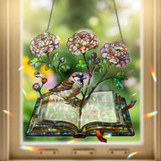 Floral Book with Sparrow Hologram Acrylic Window Hanging – Nature-Inspired Literary Decor – Mother’s Day Gift for Book Lovers