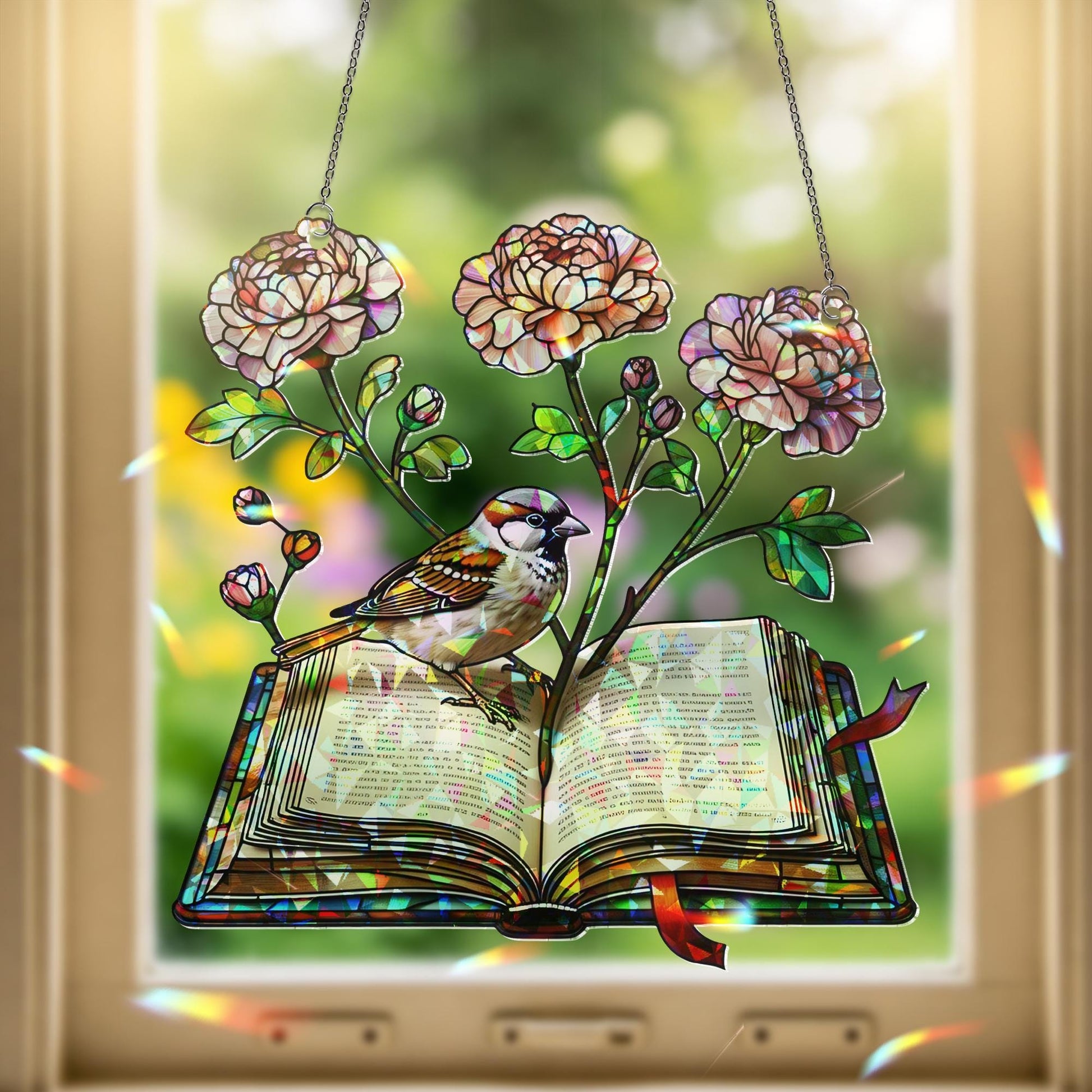 Floral Book with Sparrow Hologram Acrylic Window Hanging – Nature-Inspired Literary Decor – Mother’s Day Gift for Book Lovers