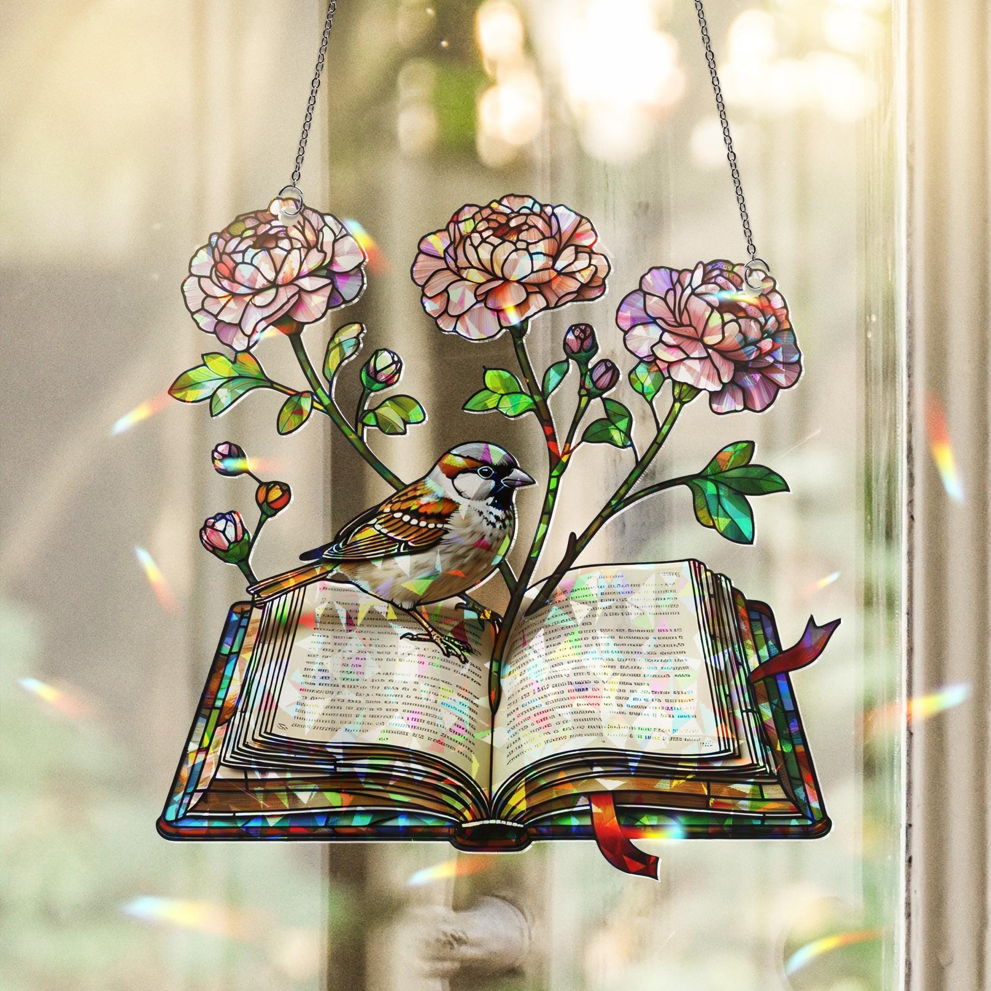 Floral Book with Sparrow Hologram Acrylic Window Hanging – Nature-Inspired Literary Decor – Mother’s Day Gift for Book Lovers