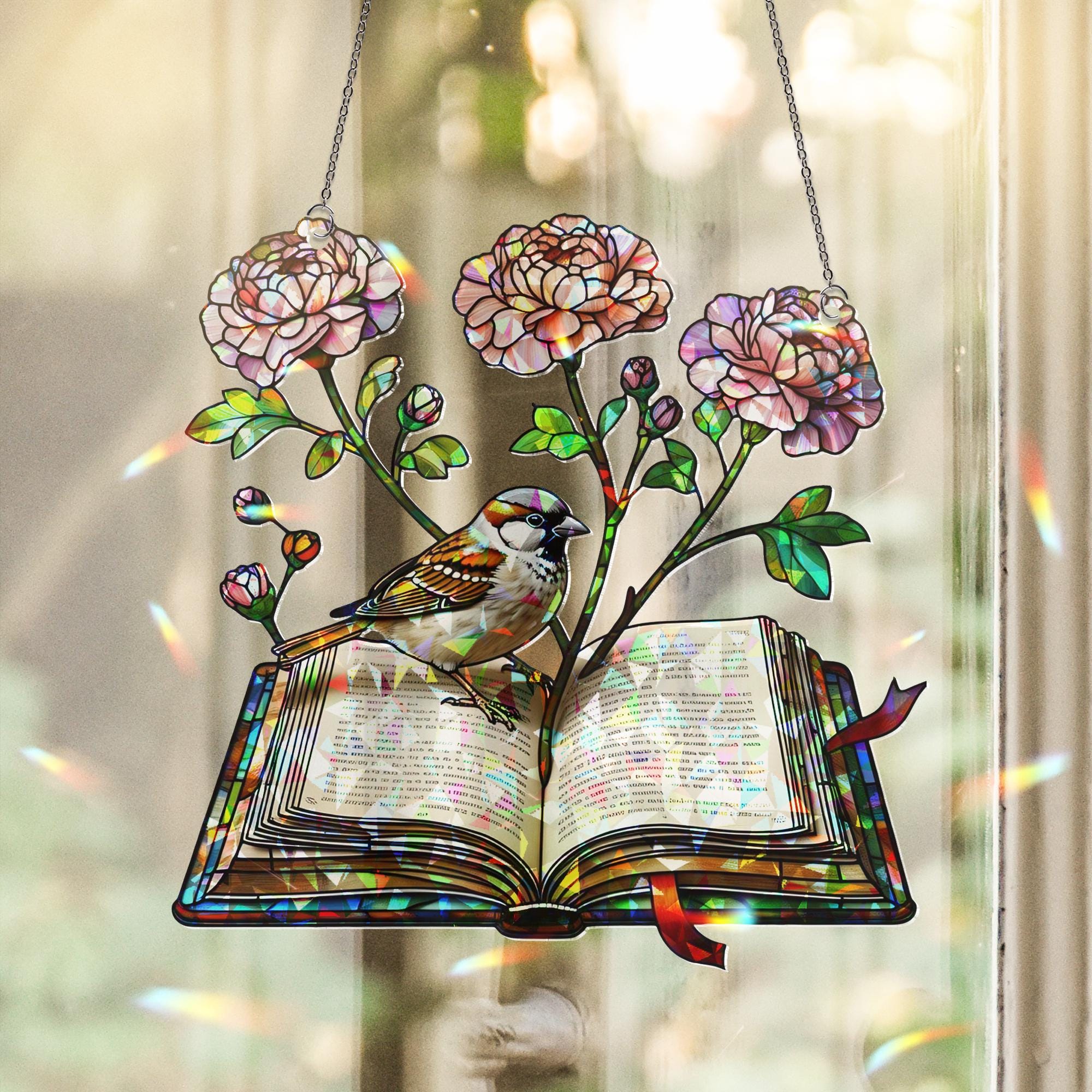 Floral Book with Sparrow Hologram Acrylic Window Hanging – Nature-Inspired Literary Decor – Mother’s Day Gift for Book Lovers